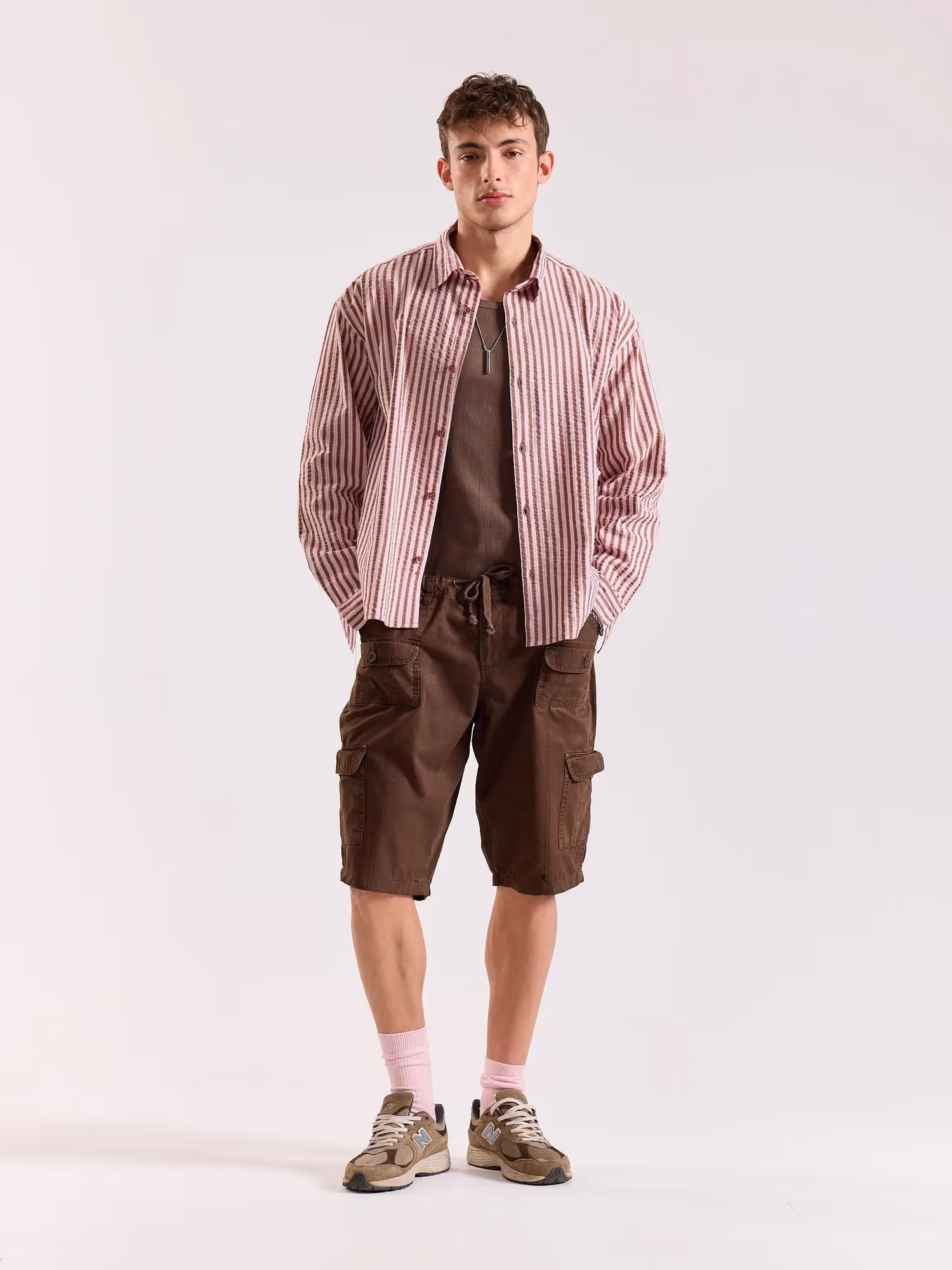 Brown & Pink Seersucker Oversized Cropped Shirt image 1