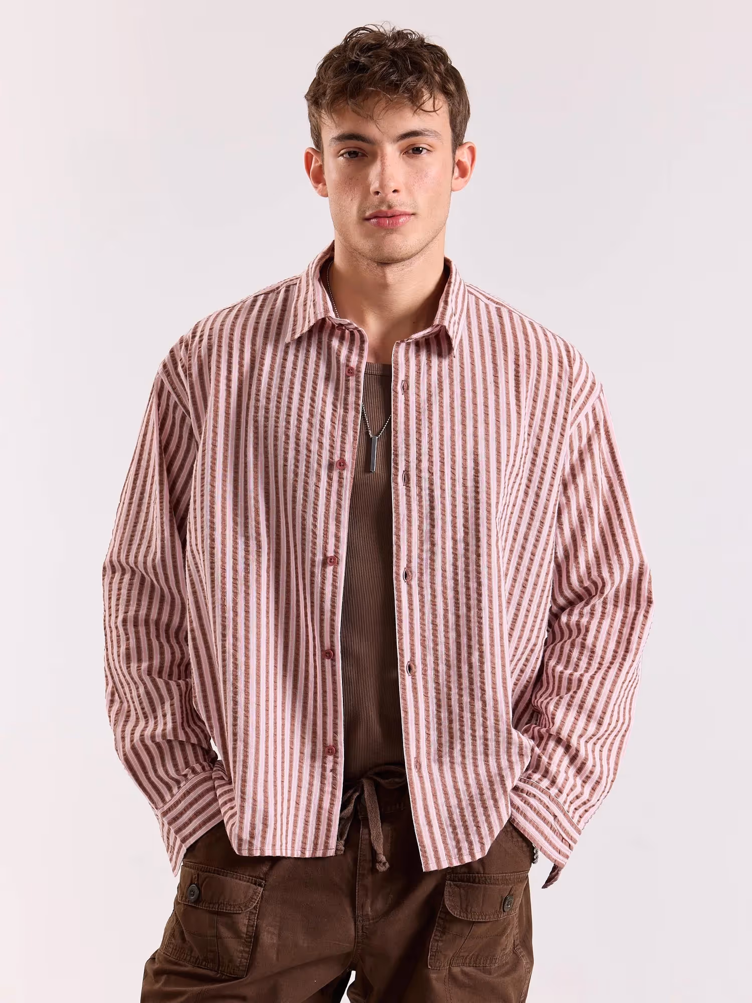 Brown & Pink Seersucker Oversized Cropped Shirt image 2