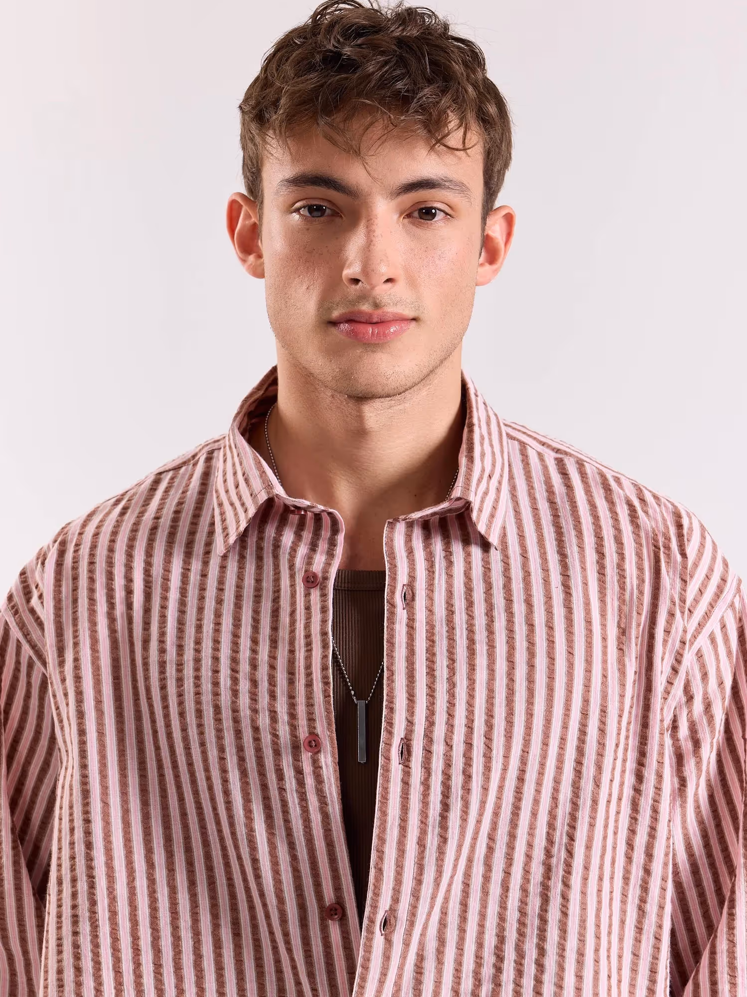 Brown & Pink Seersucker Oversized Cropped Shirt image 3