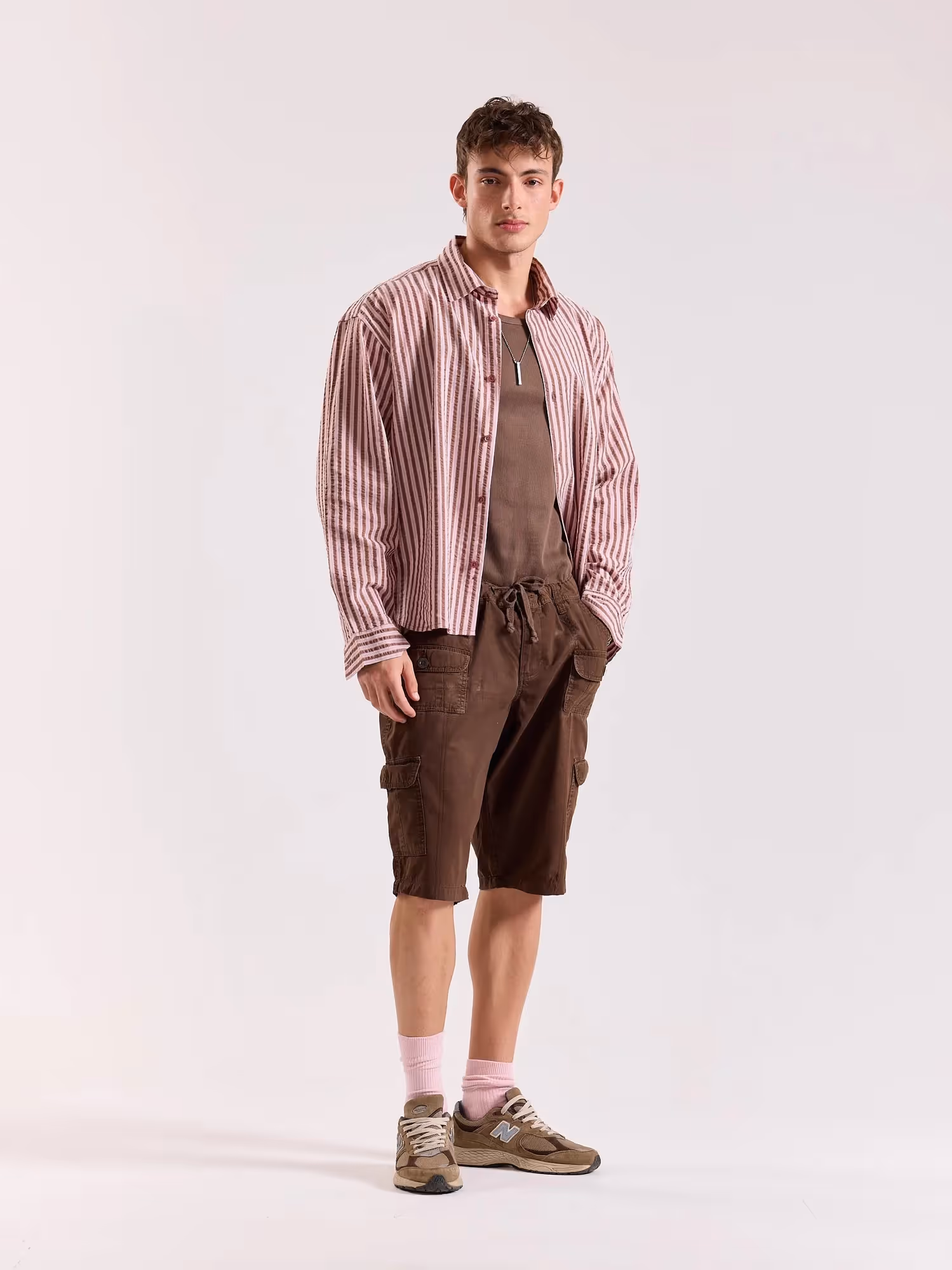 Brown & Pink Seersucker Oversized Cropped Shirt image 4