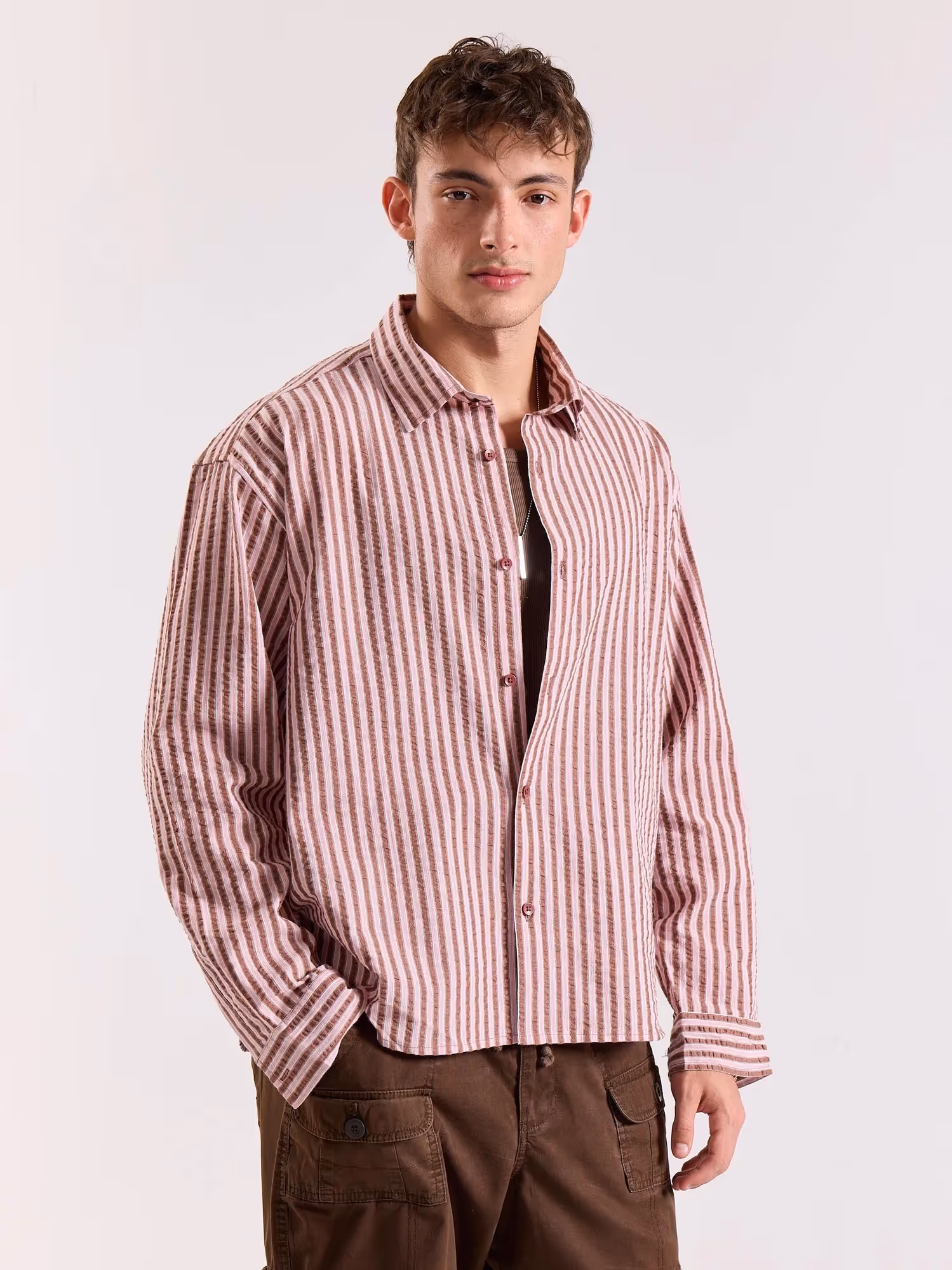 Brown & Pink Seersucker Oversized Cropped Shirt image 5