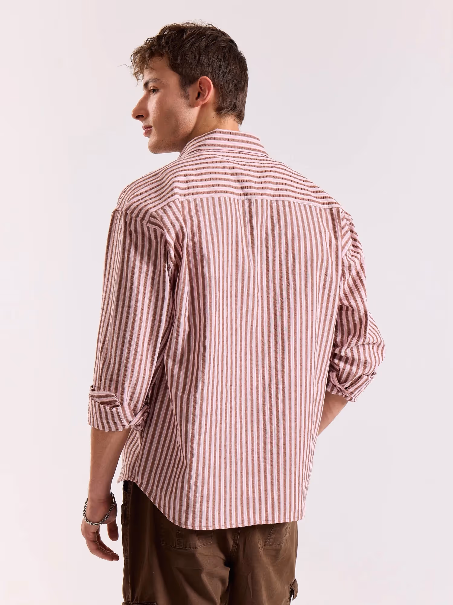 Brown & Pink Seersucker Oversized Cropped Shirt image 6