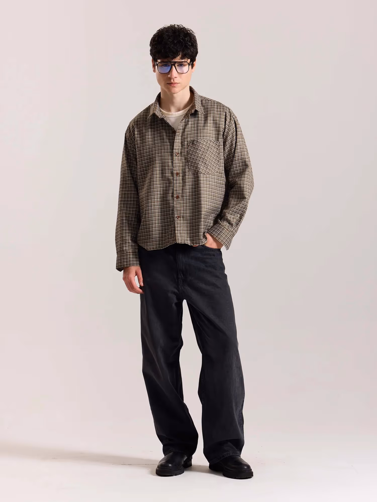 Brown Checkered Oversized Cropped Shirt image 1