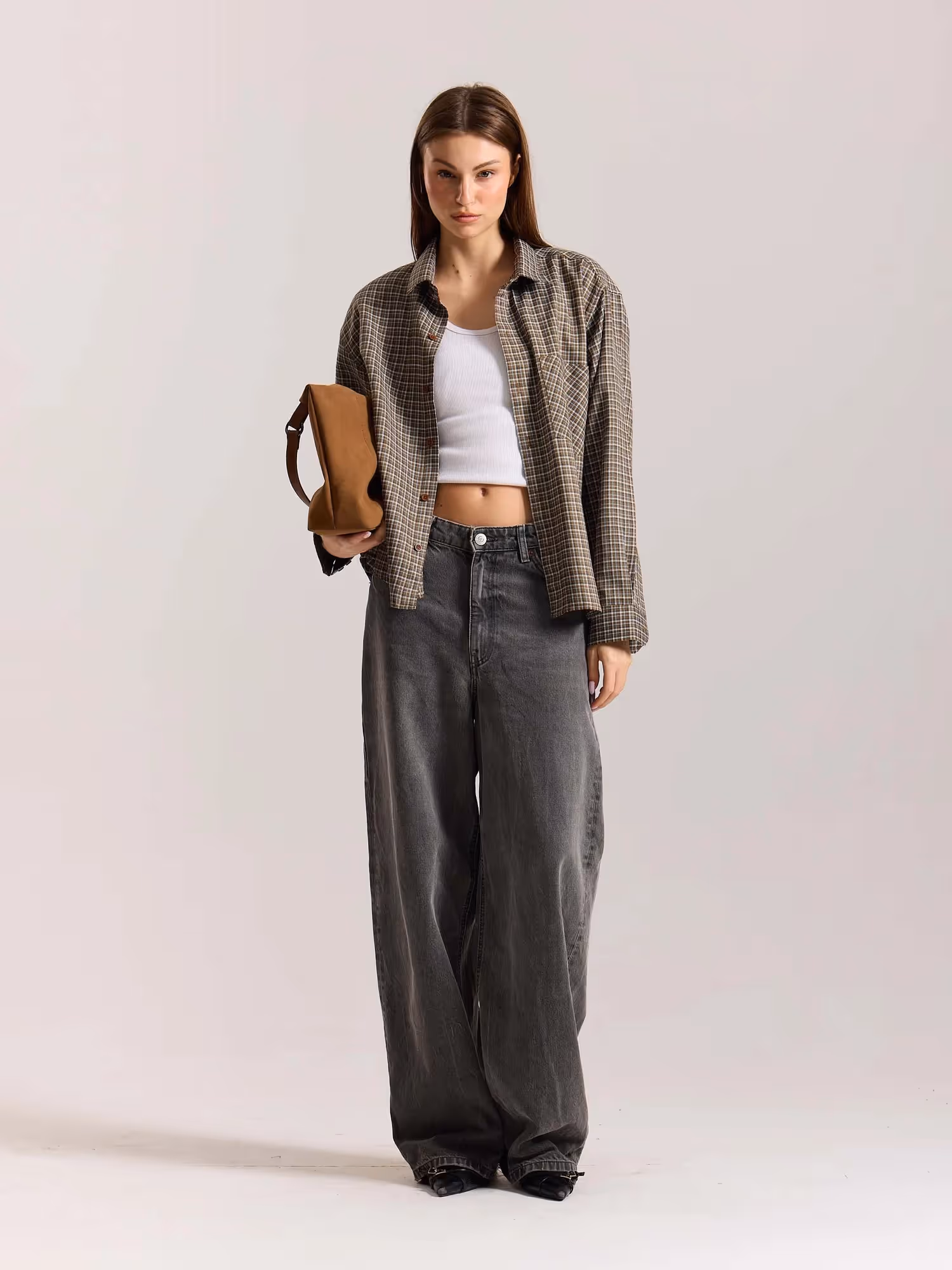 Brown Checkered Oversized Cropped Shirt image 2