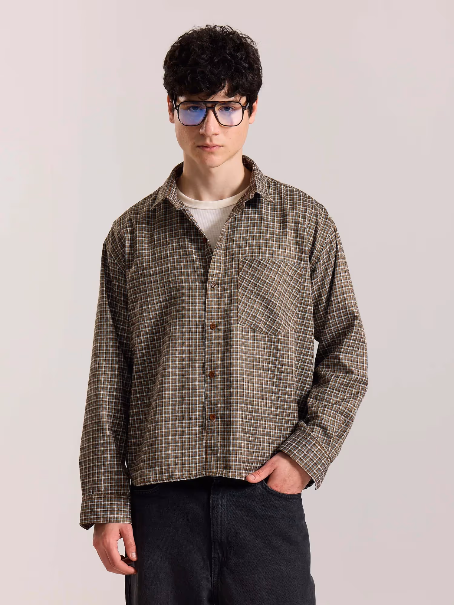 Brown Checkered Oversized Cropped Shirt image 3