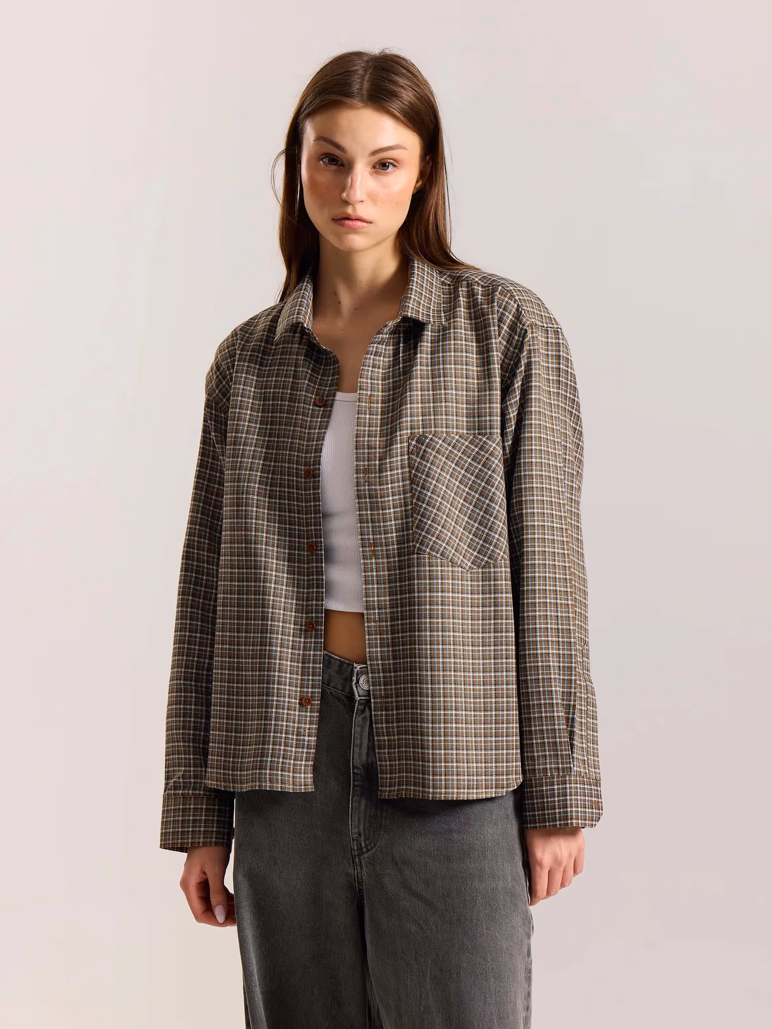 Brown Checkered Oversized Cropped Shirt image 4