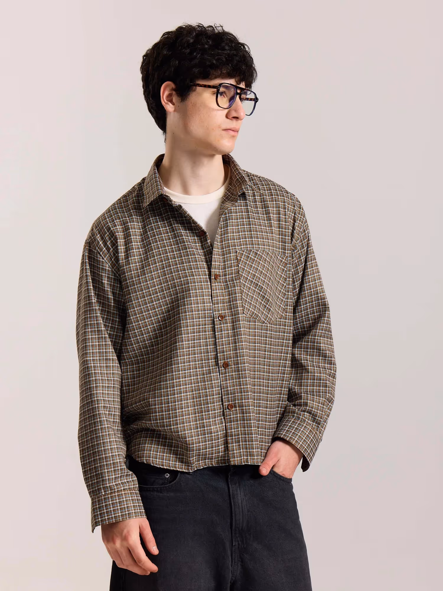 Brown Checkered Oversized Cropped Shirt image 5