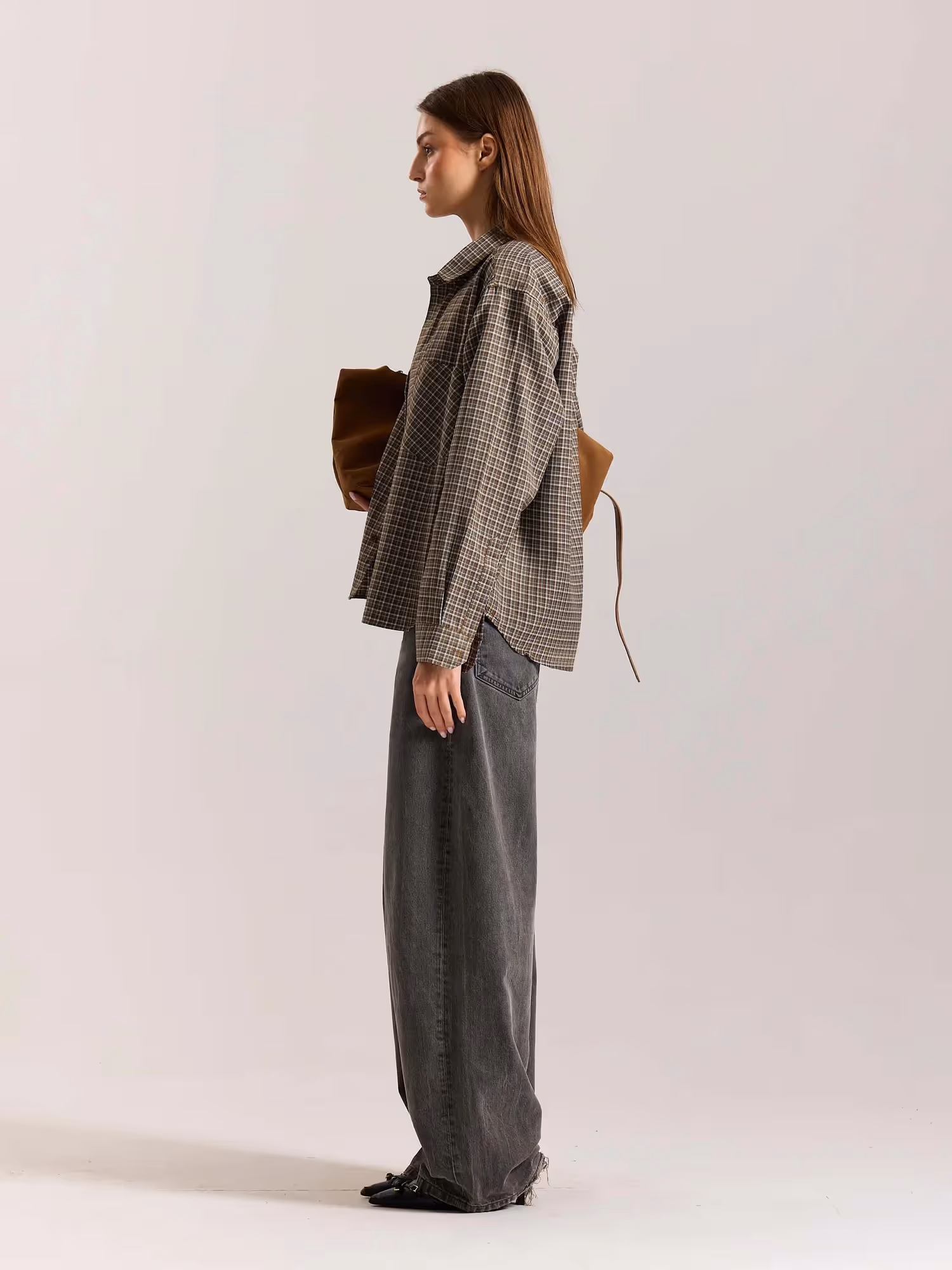 Brown Checkered Oversized Cropped Shirt image 7