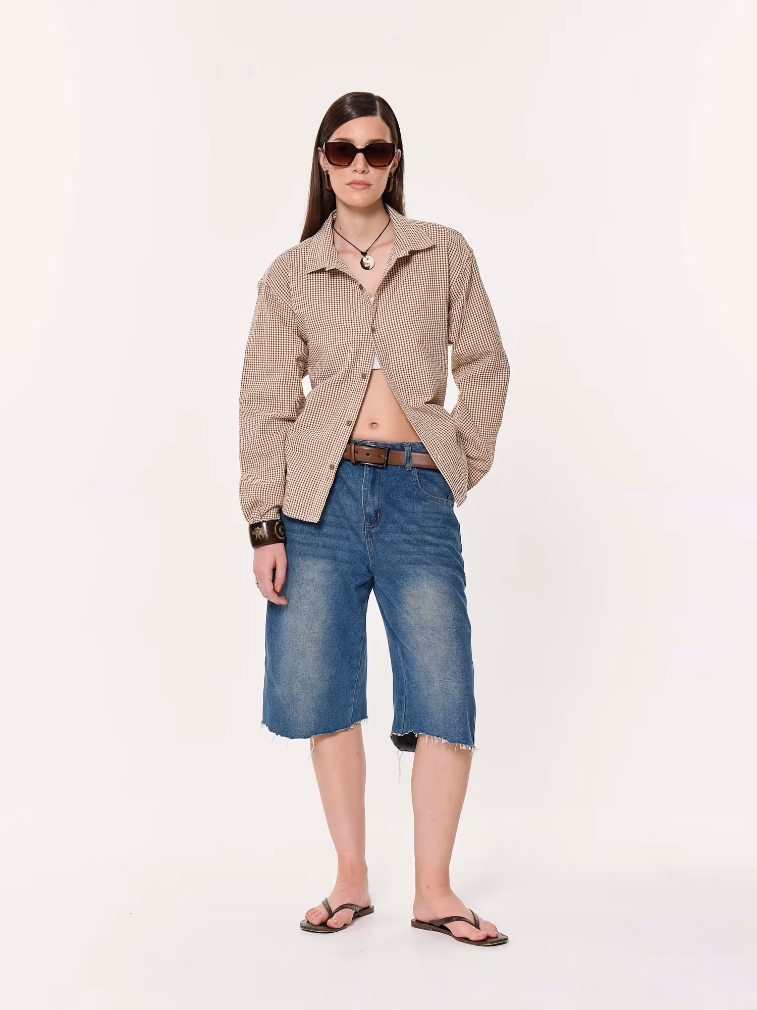 Brown Gingham Oversized Cropped Shirt image 2