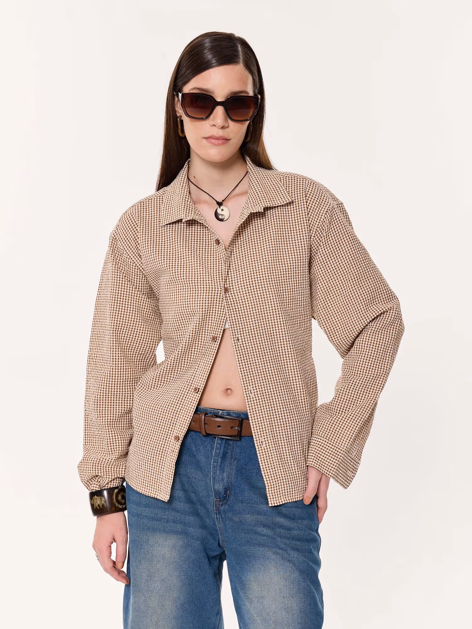 Brown Gingham Oversized Cropped Shirt image 4