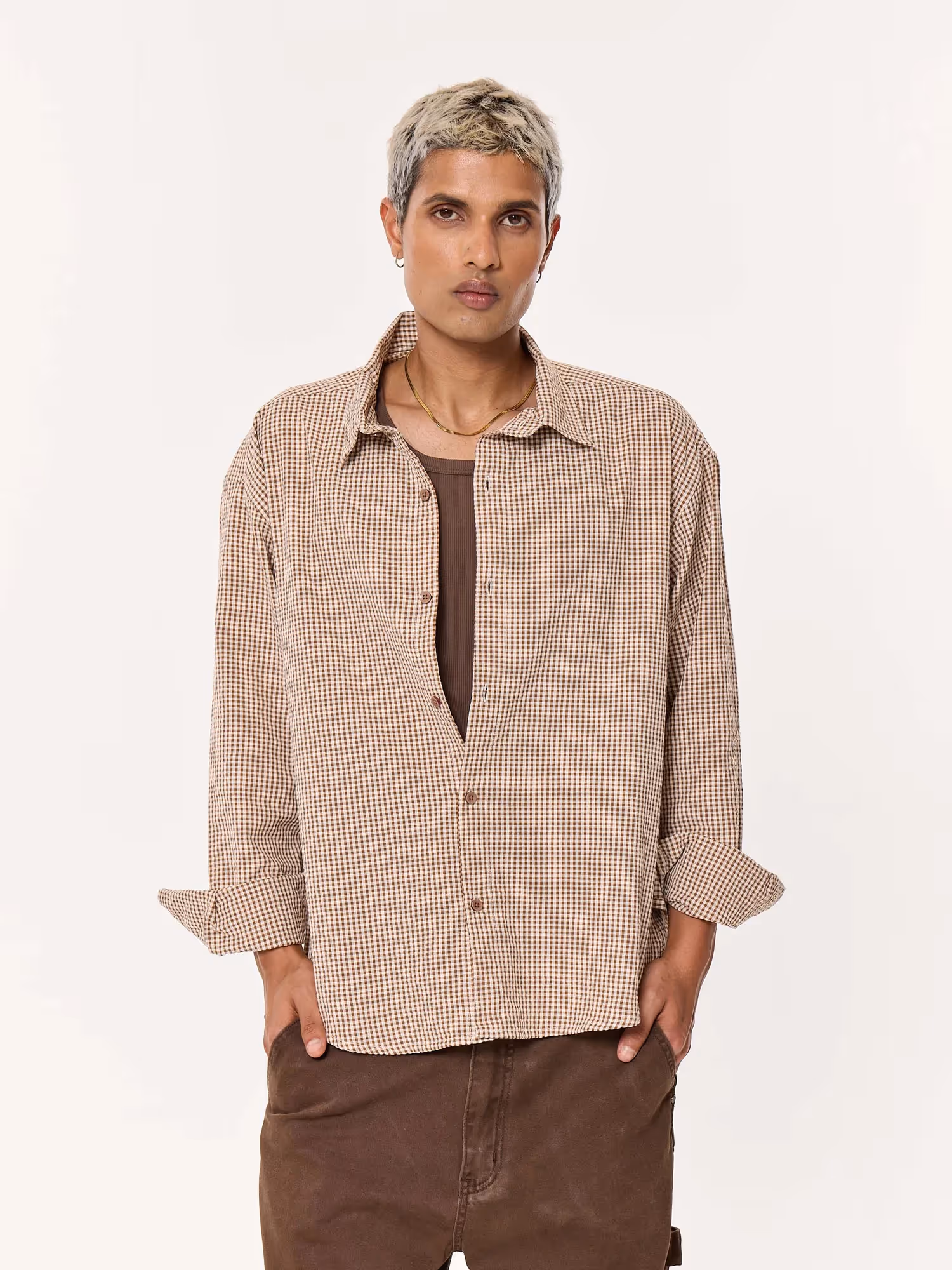 Brown Gingham Oversized Cropped Shirt image 5