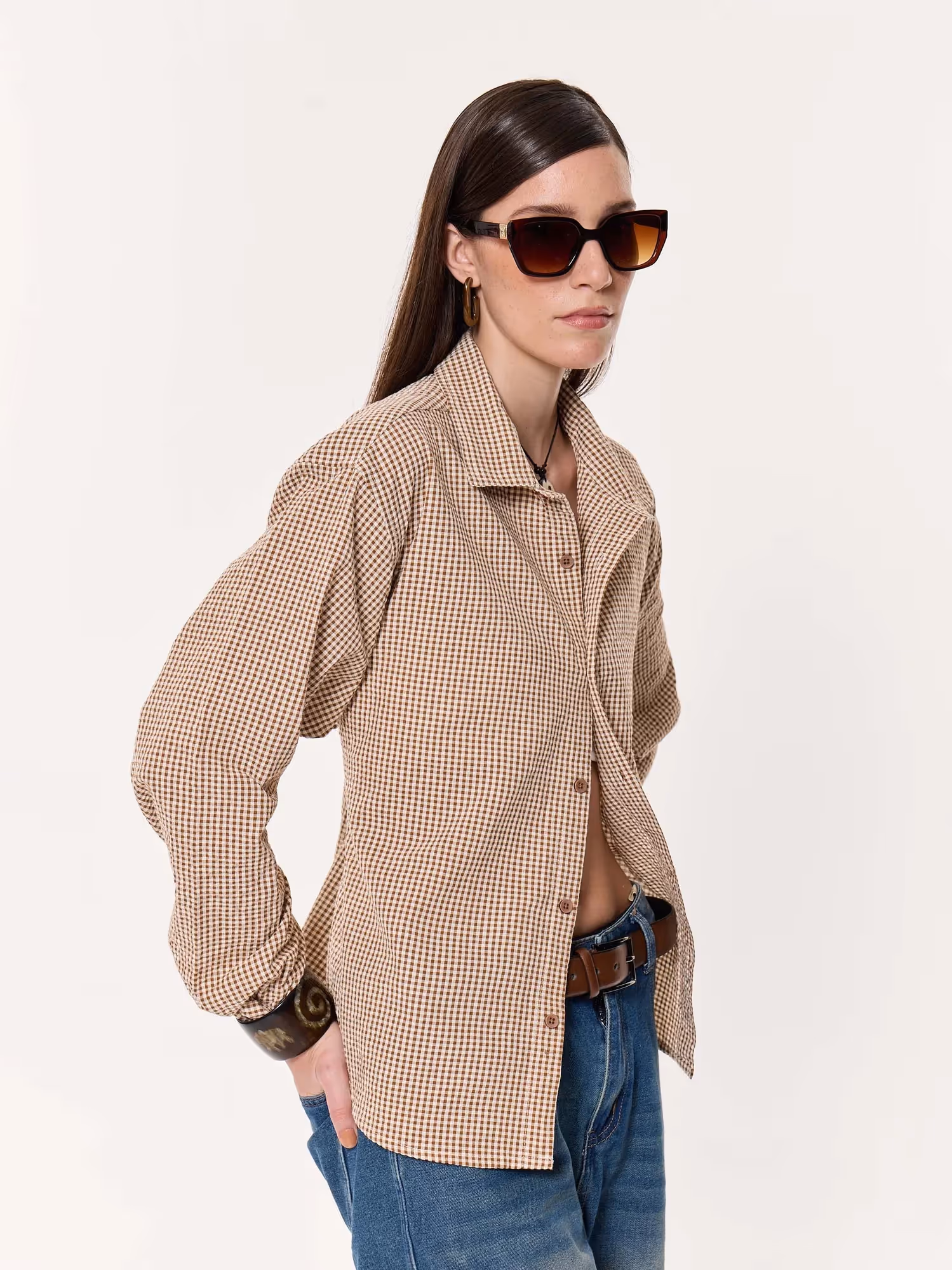 Brown Gingham Oversized Cropped Shirt image 6