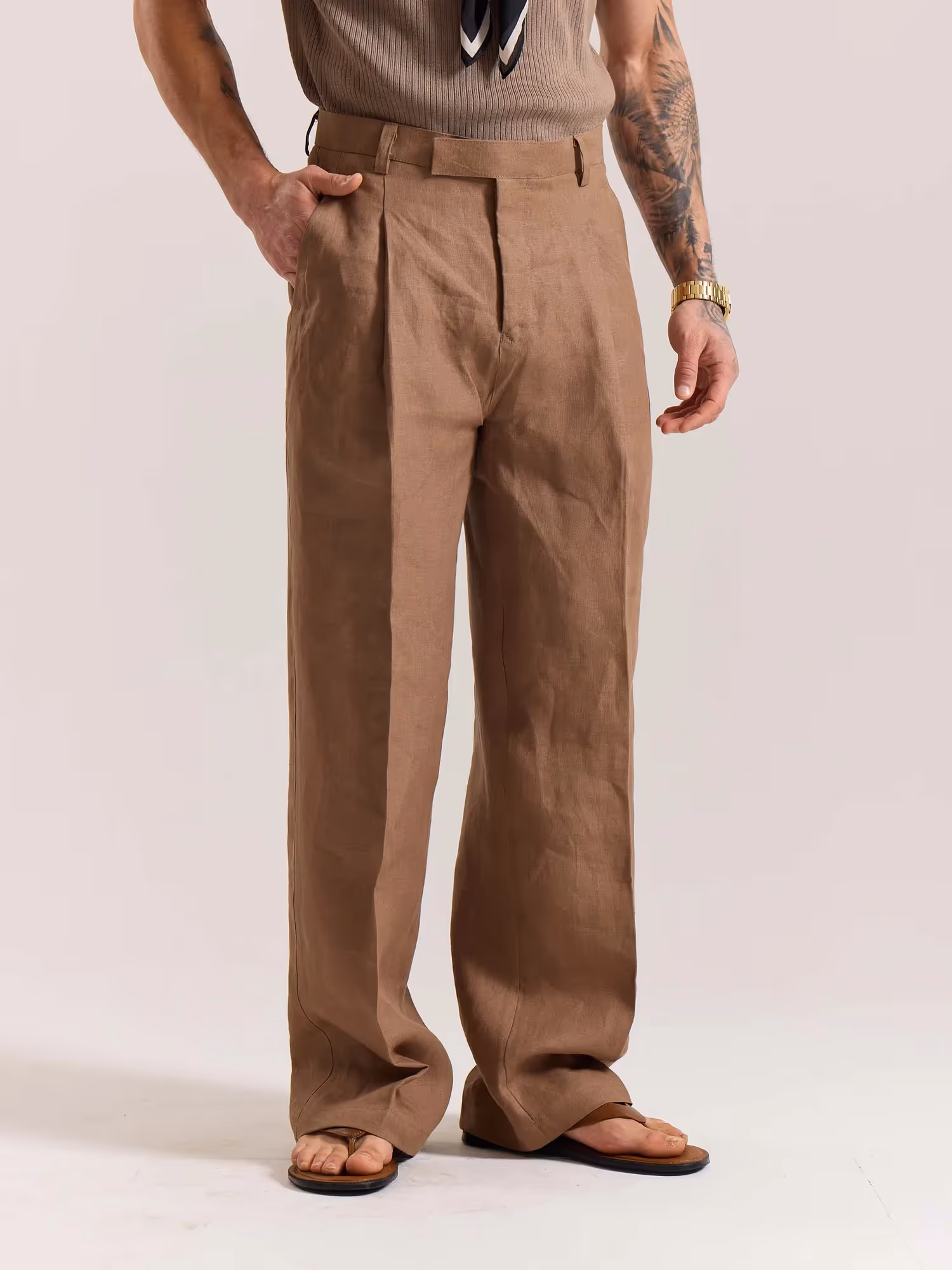 Brown Linen Baggy Fit Trousers image 5