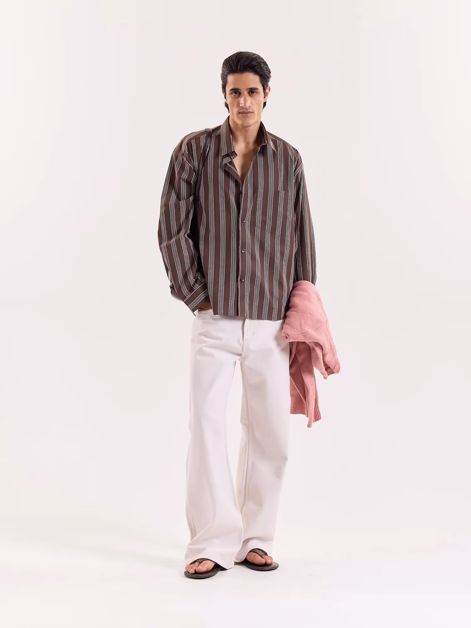 Brown Retro Striped Poplin Cropped Shirt image 1