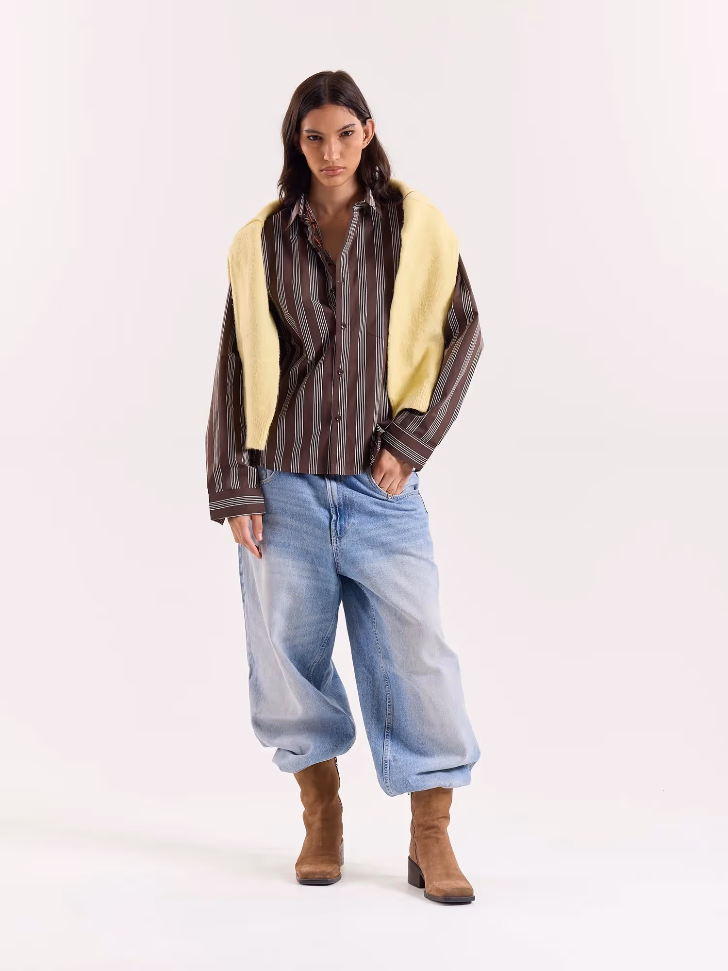 Brown Retro Striped Poplin Cropped Shirt image 2