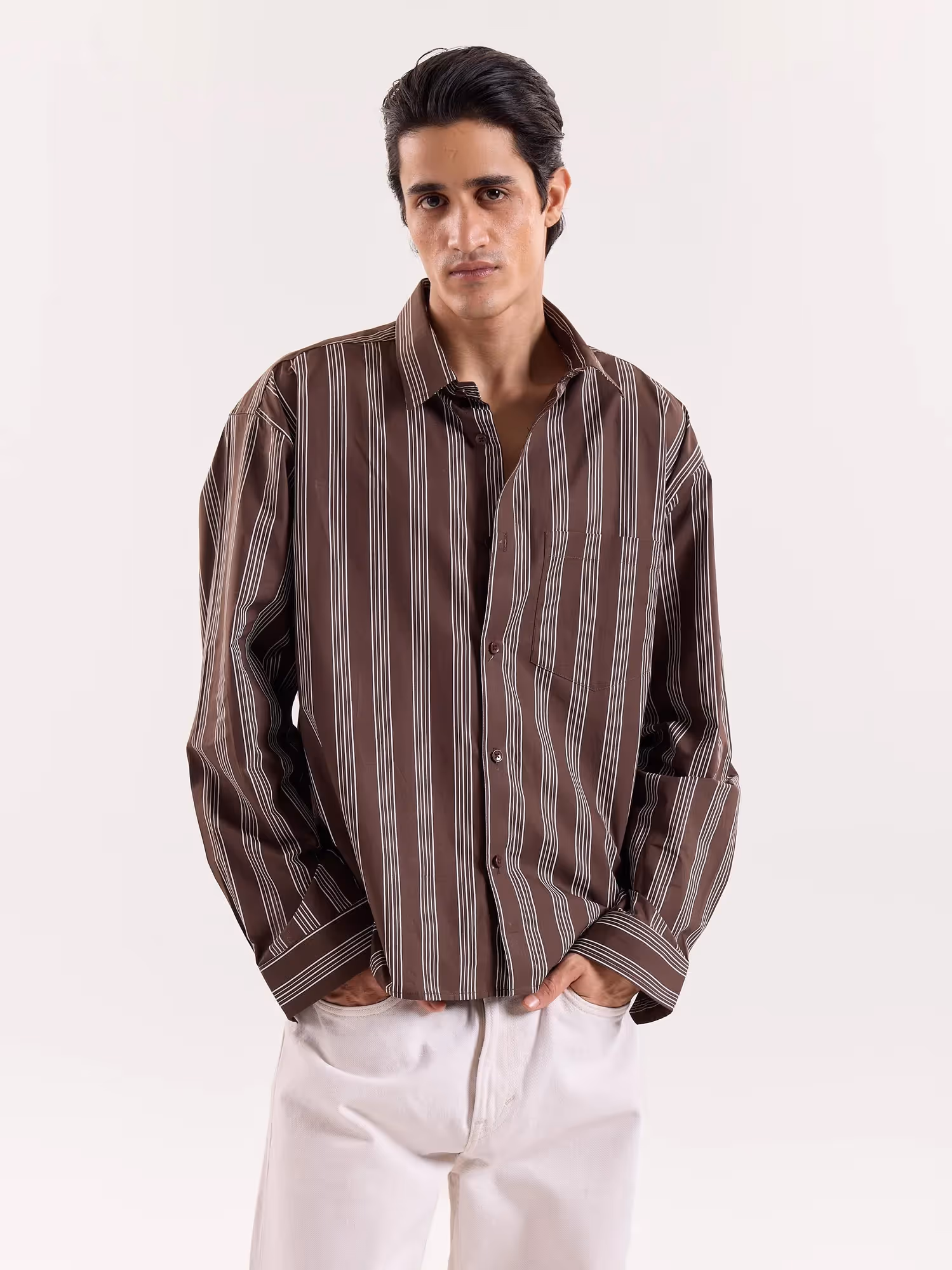 Brown Retro Striped Poplin Cropped Shirt image 3