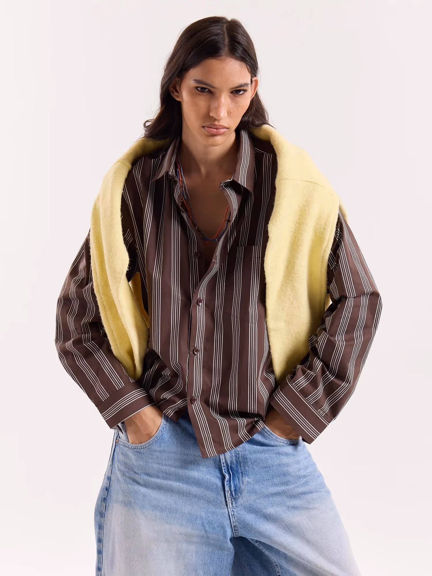Brown Retro Striped Poplin Cropped Shirt image 4