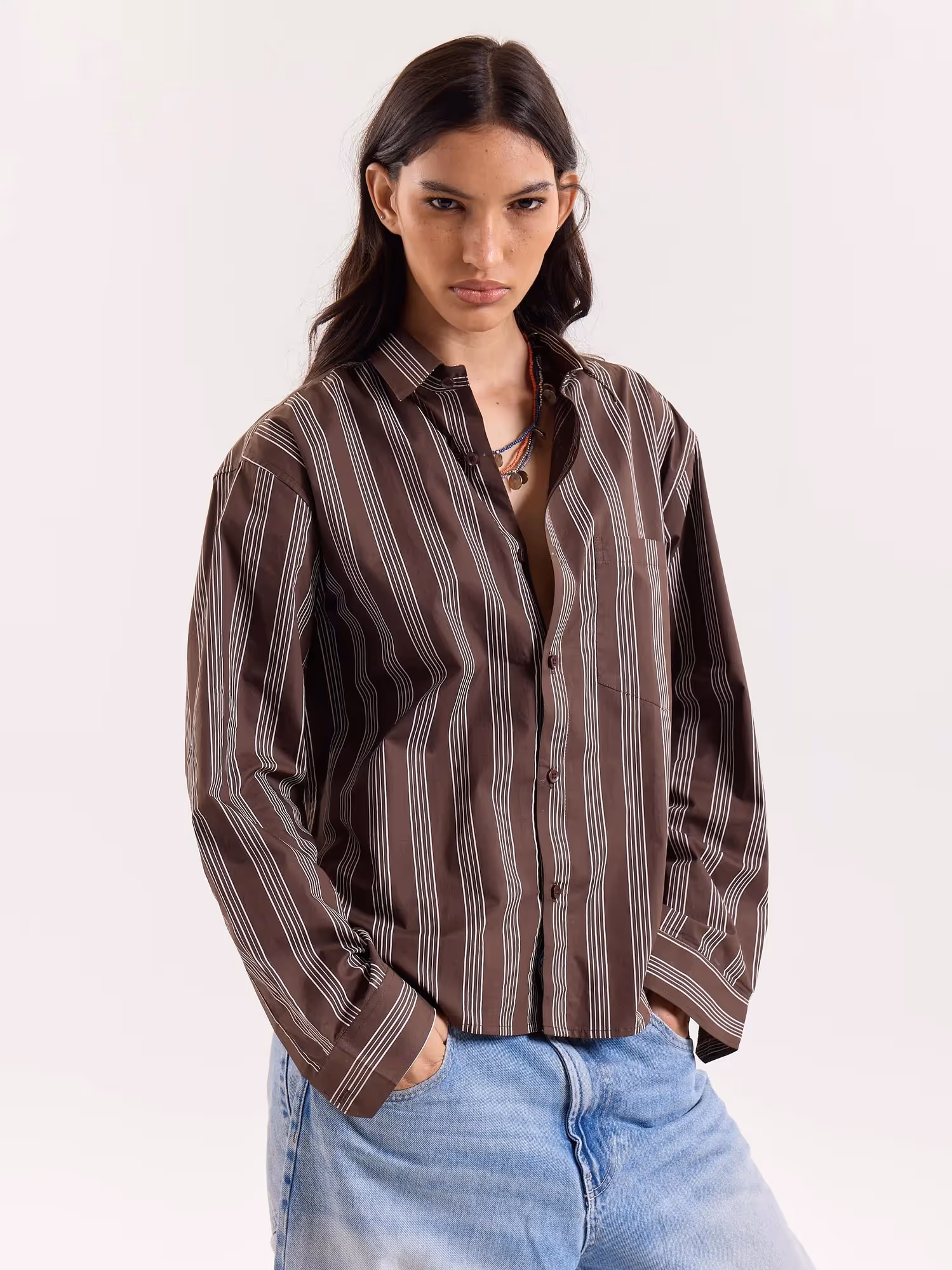 Brown Retro Striped Poplin Cropped Shirt image 6