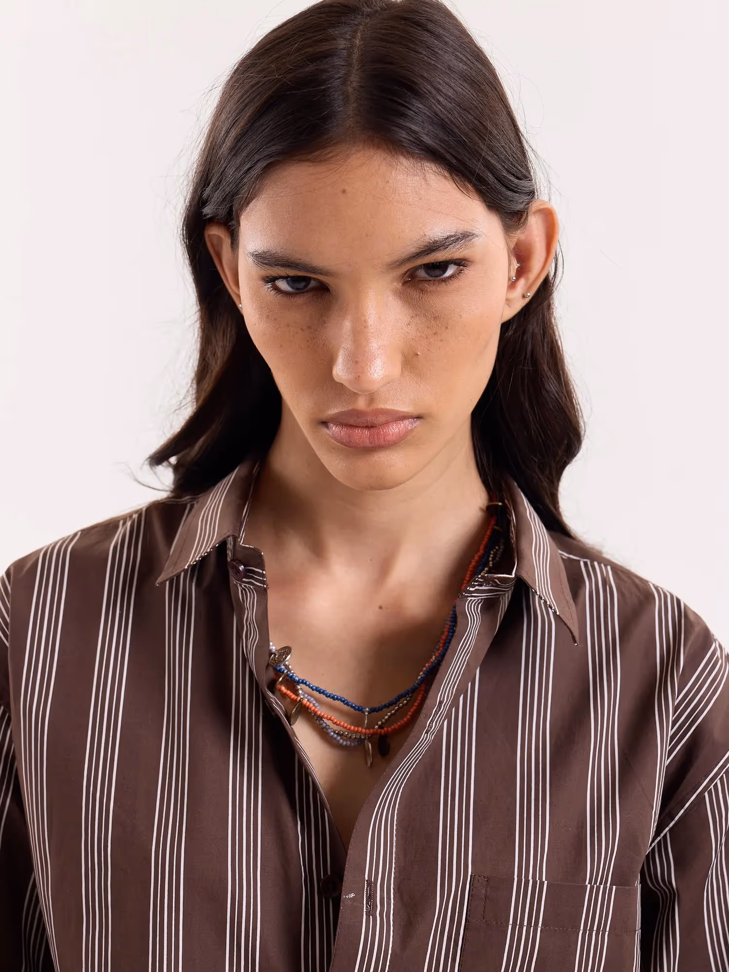 Brown Retro Striped Poplin Cropped Shirt image 8