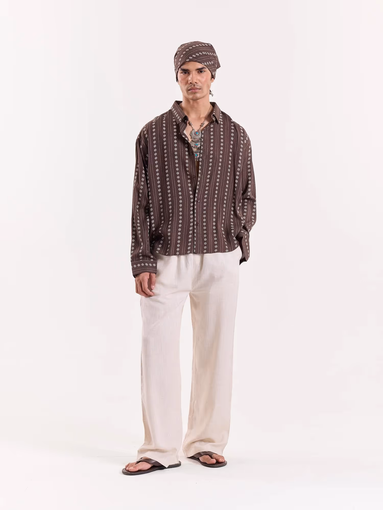Brown Striped Floral Cropped Shirt image 1