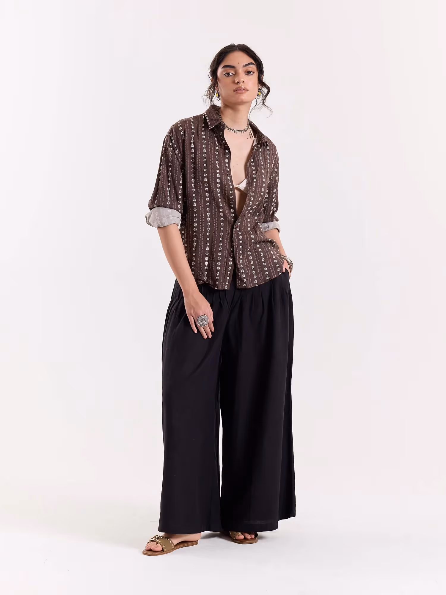 Brown Striped Floral Cropped Shirt image 2