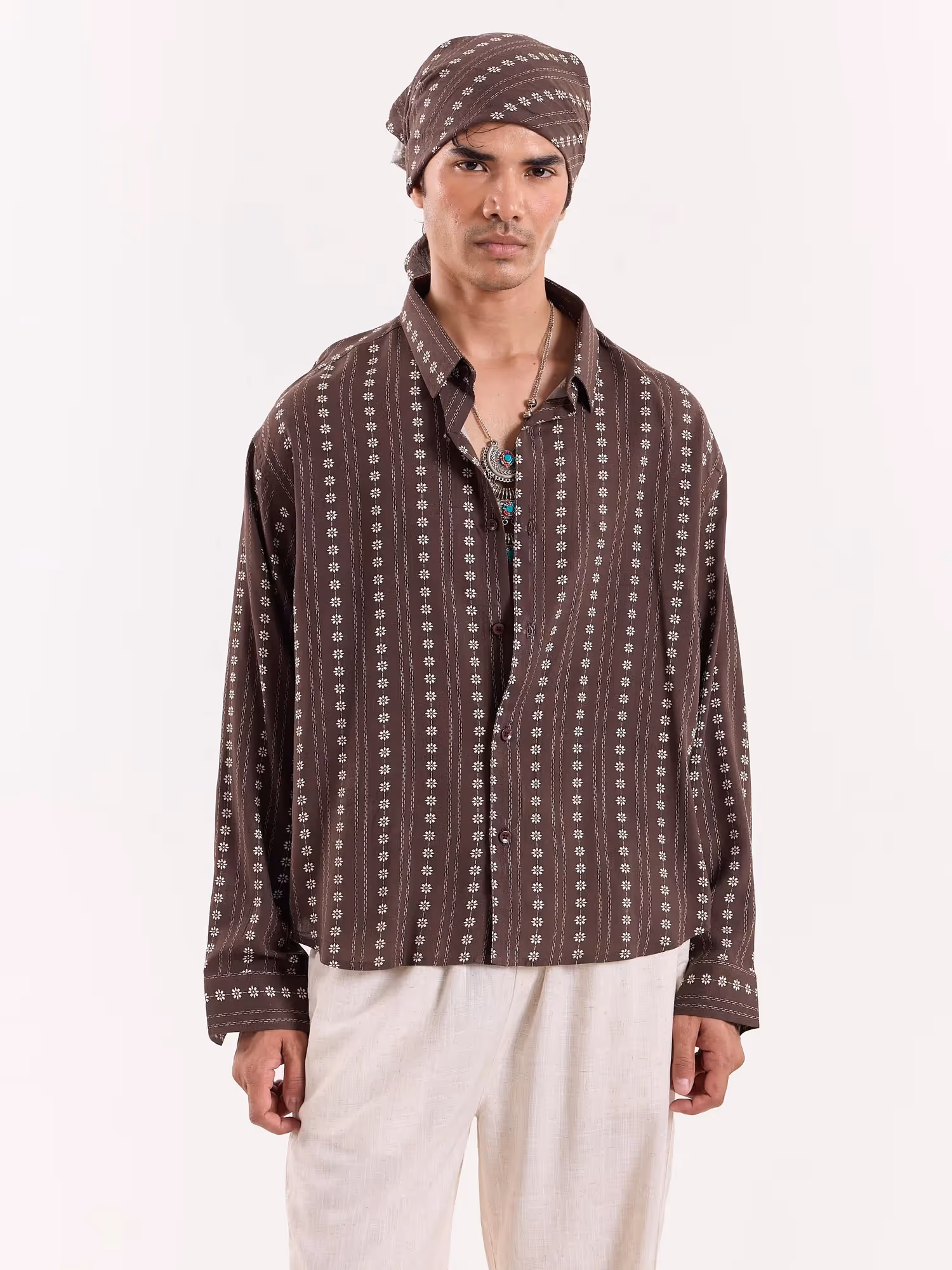 Brown Striped Floral Cropped Shirt image 3