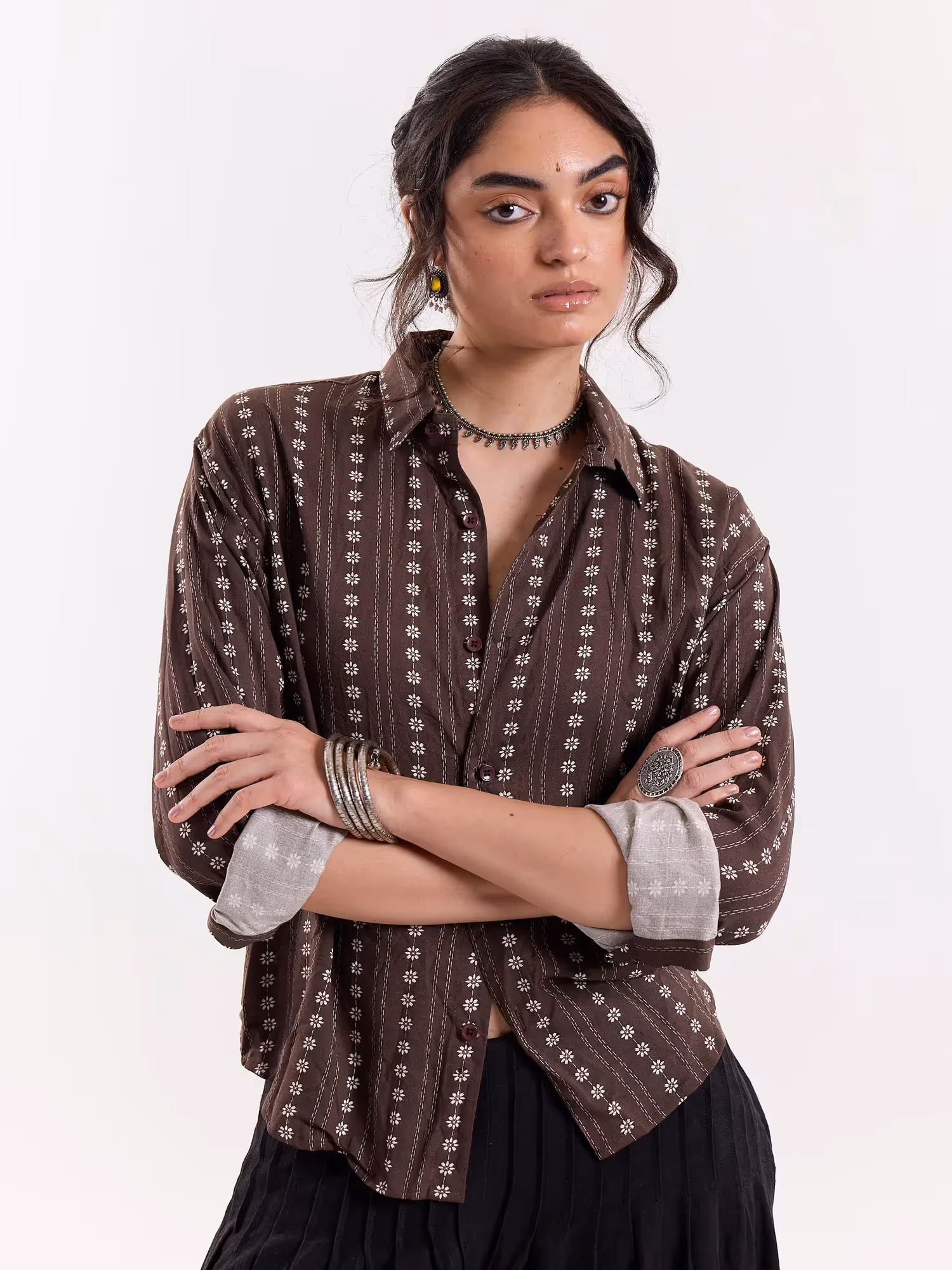 Brown Striped Floral Cropped Shirt image 4