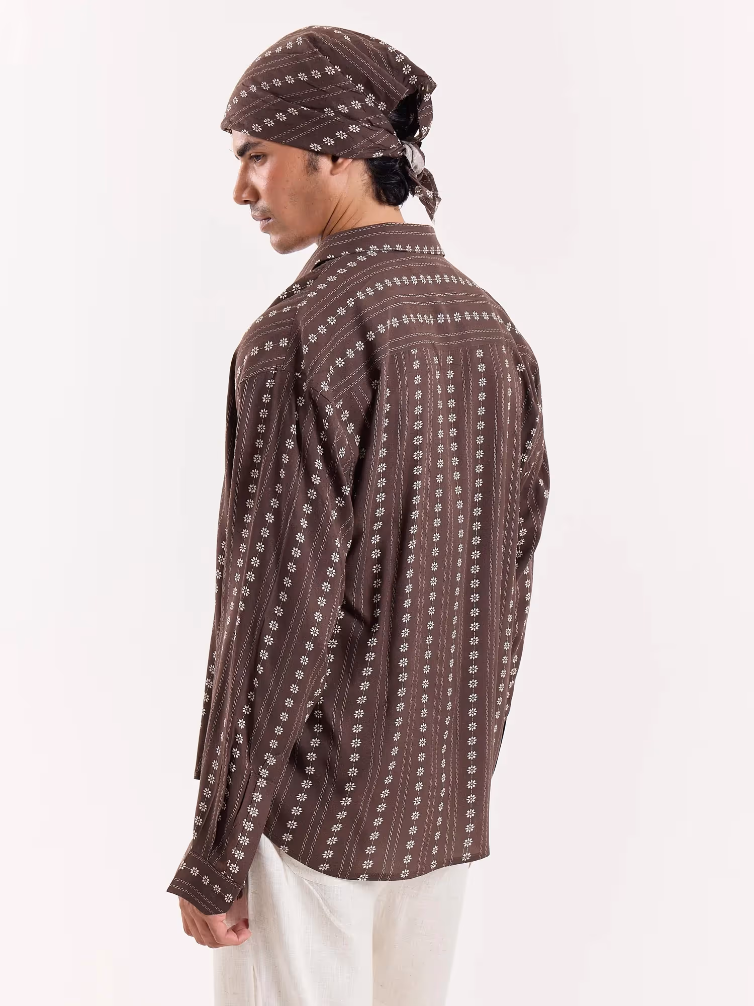 Brown Striped Floral Cropped Shirt image 5