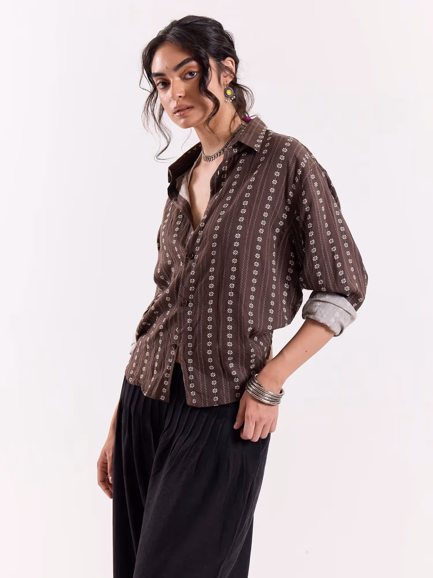 Brown Striped Floral Cropped Shirt image 6