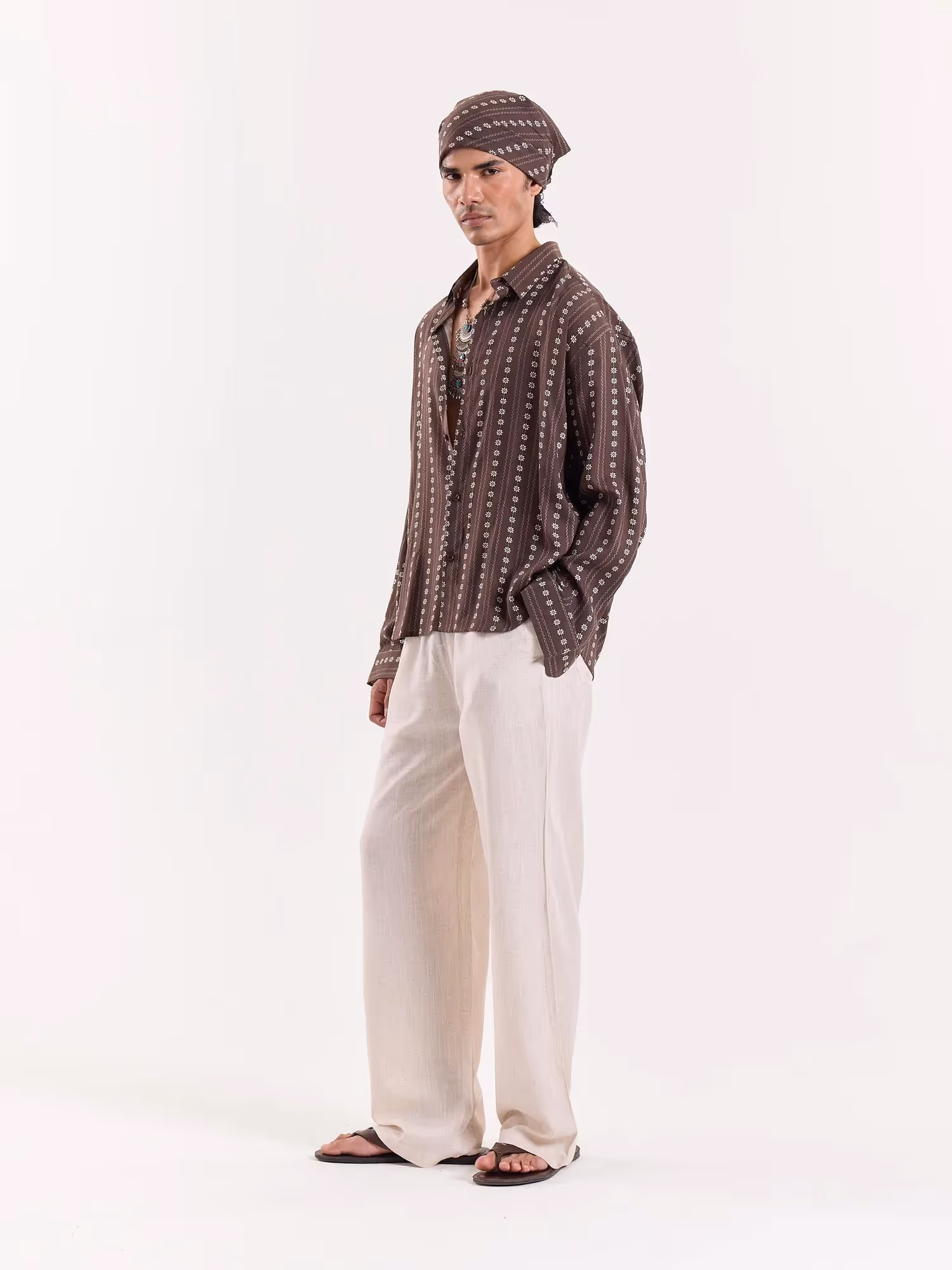 Brown Striped Floral Cropped Shirt image 8