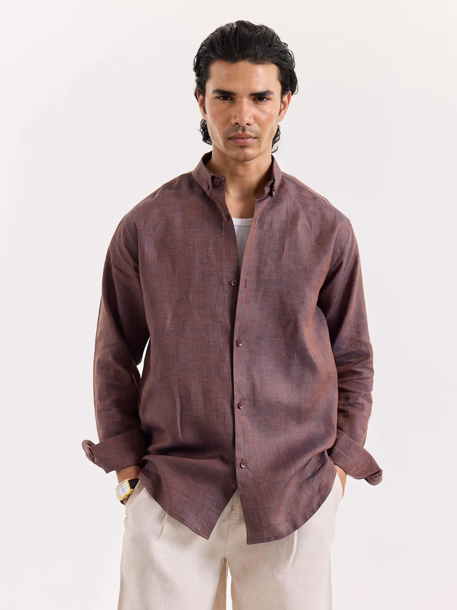 Brown Striped Irish Linen Shirt  image 4