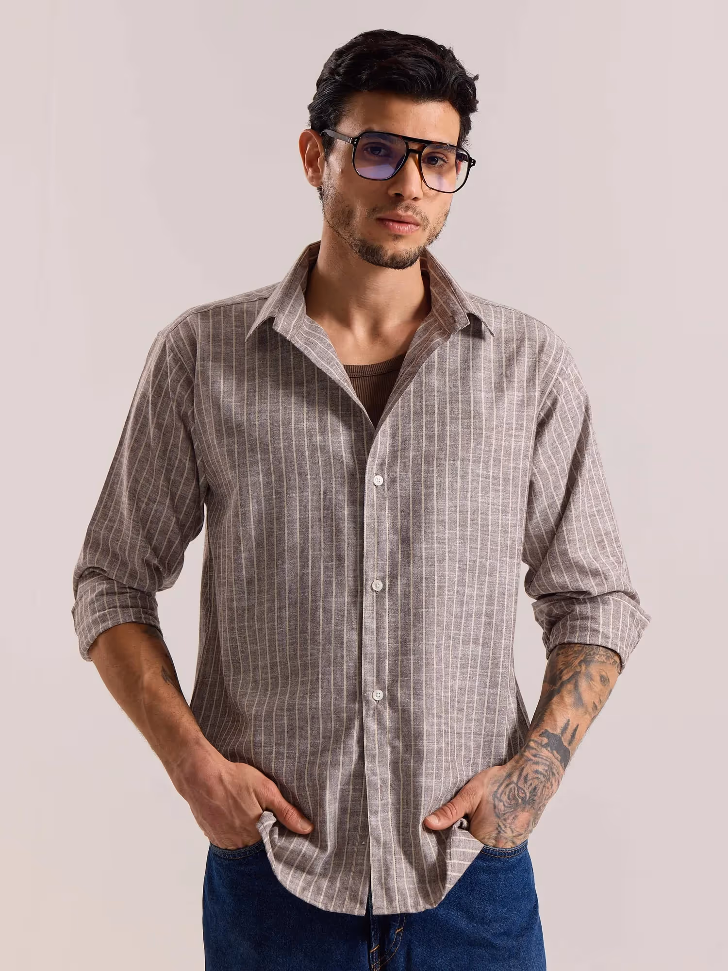 Brown Striped Linen-blend Shirt image 3