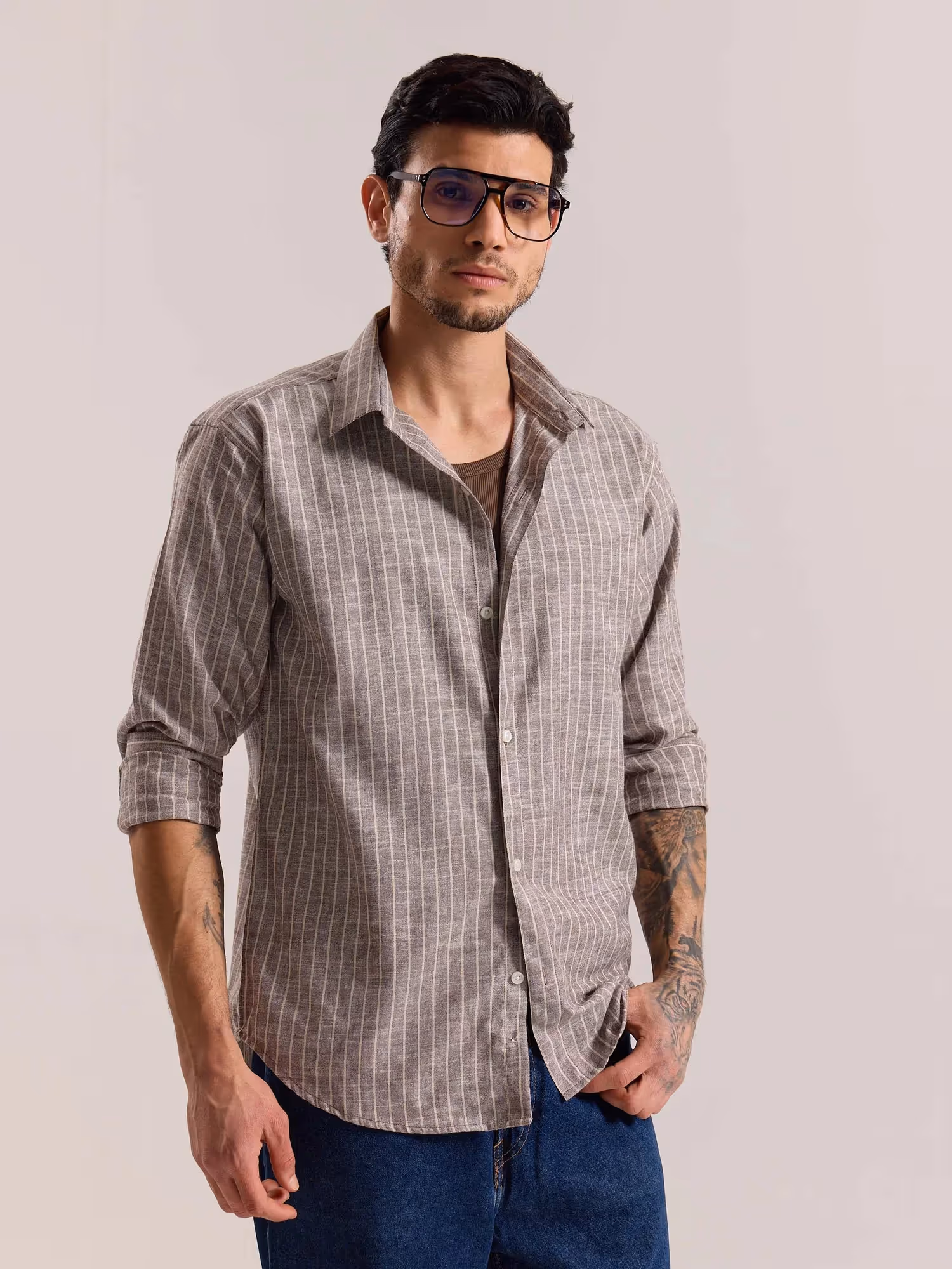 Brown Striped Linen-blend Shirt image 5