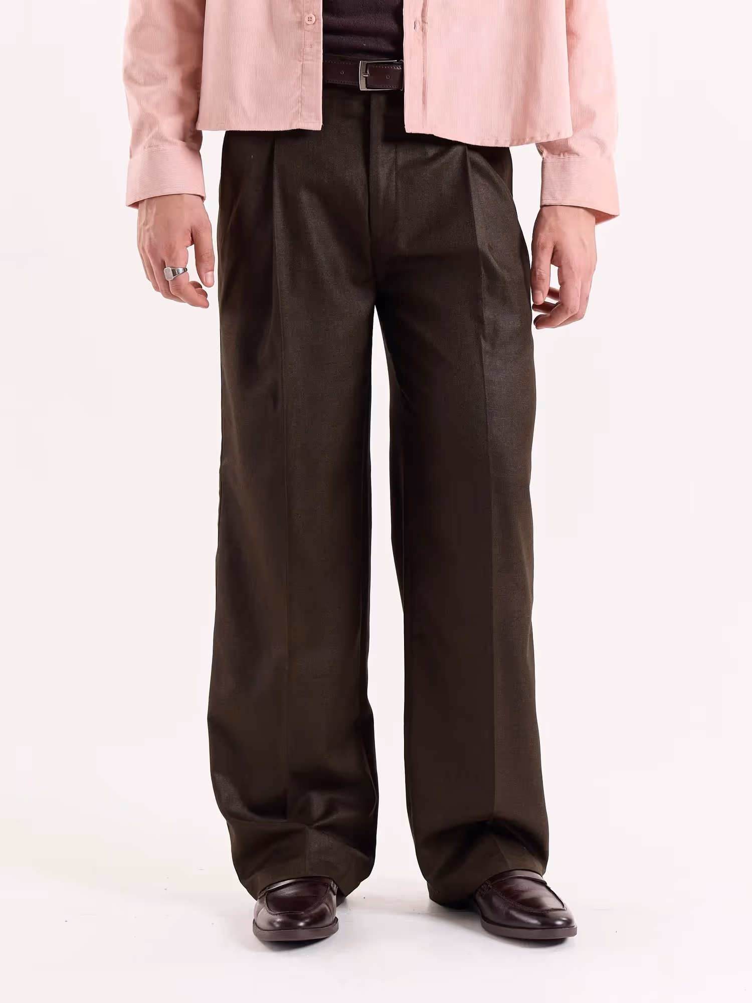 Brown Textured Baggy Fit Trousers image 2