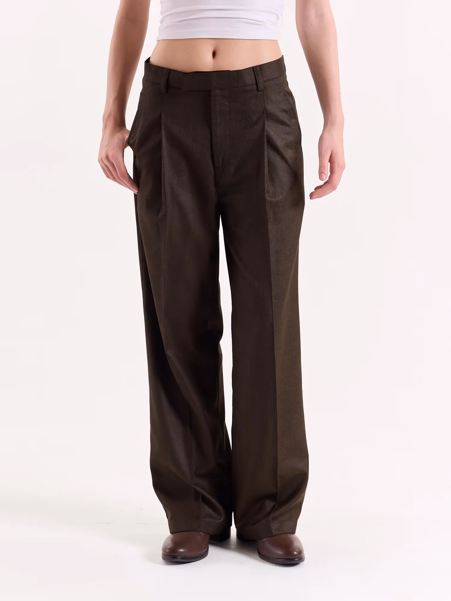Brown Textured Baggy Fit Trousers image 4