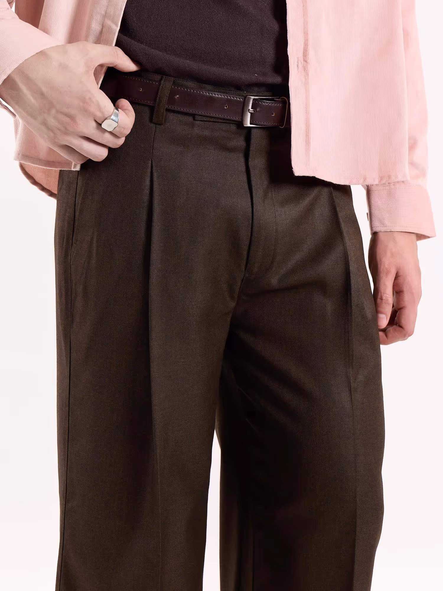Brown Textured Baggy Fit Trousers image 7