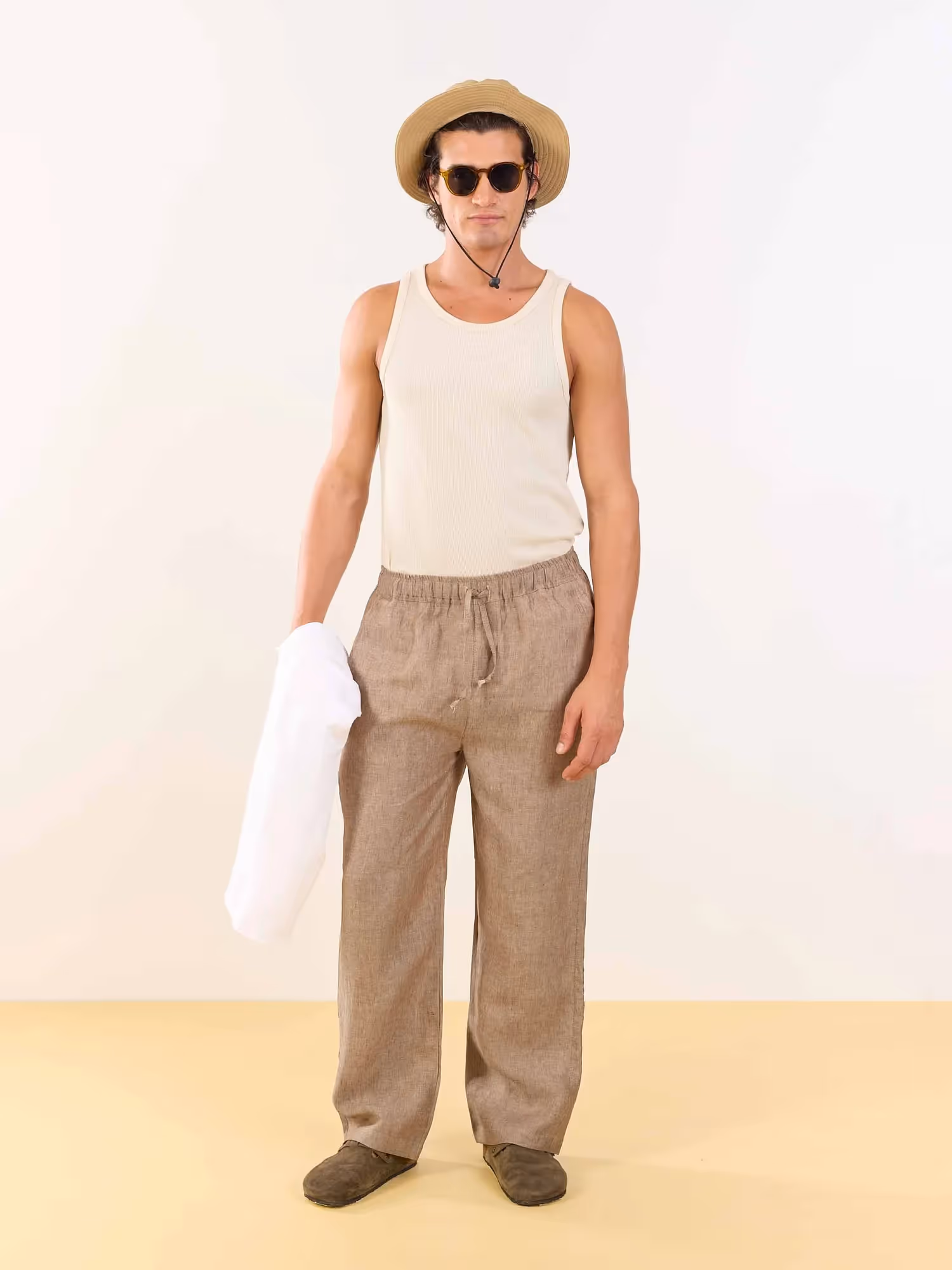 Brown Textured Linen Pull-on Pants image 1
