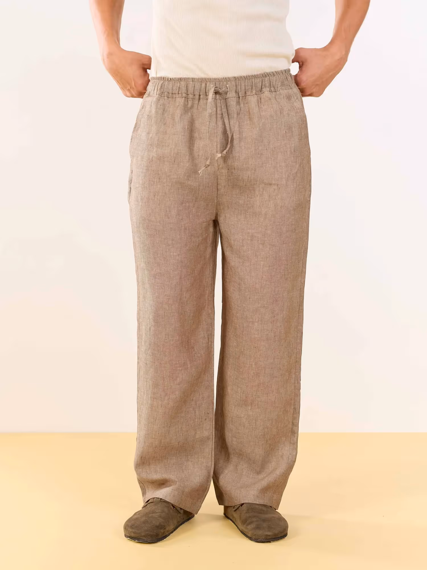 Brown Textured Linen Pull-on Pants image 2