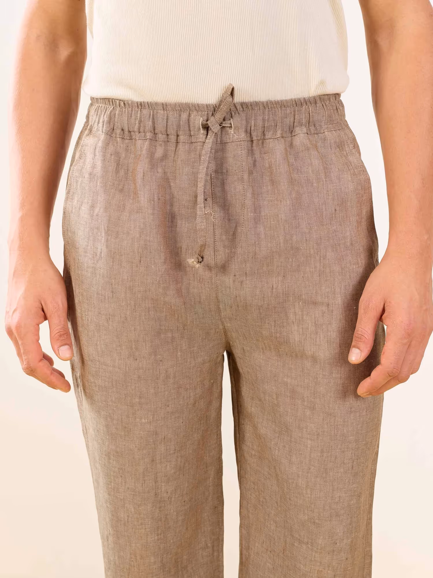 Brown Textured Linen Pull-on Pants image 3