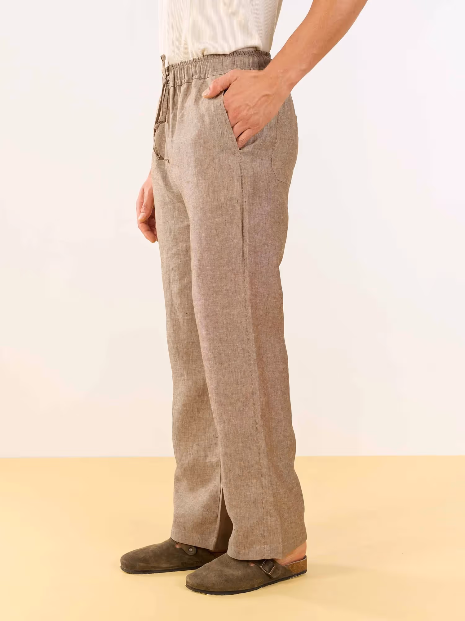 Brown Textured Linen Pull-on Pants image 5