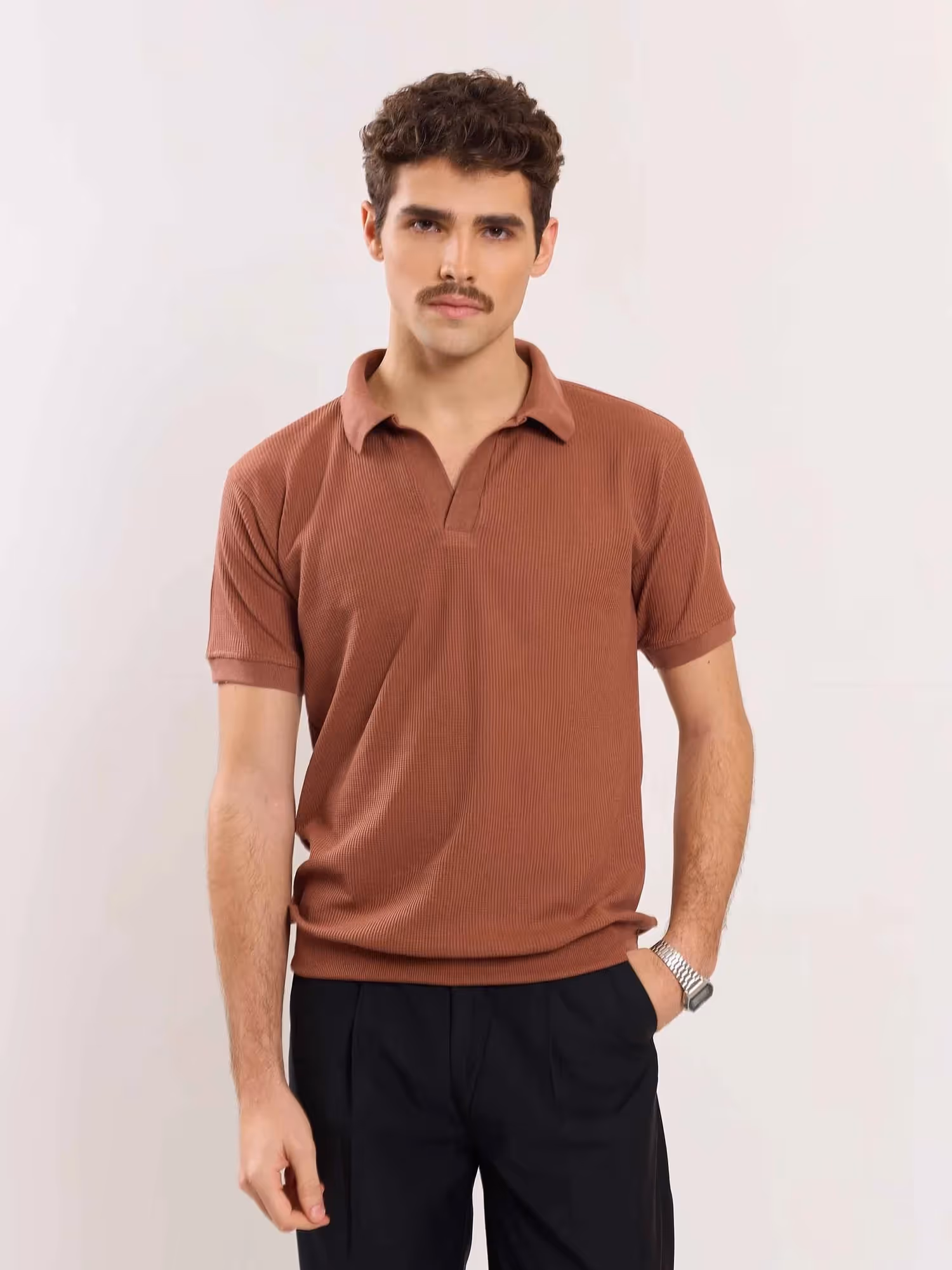 Brown Waffle Knit Polo T-Shirt image 1