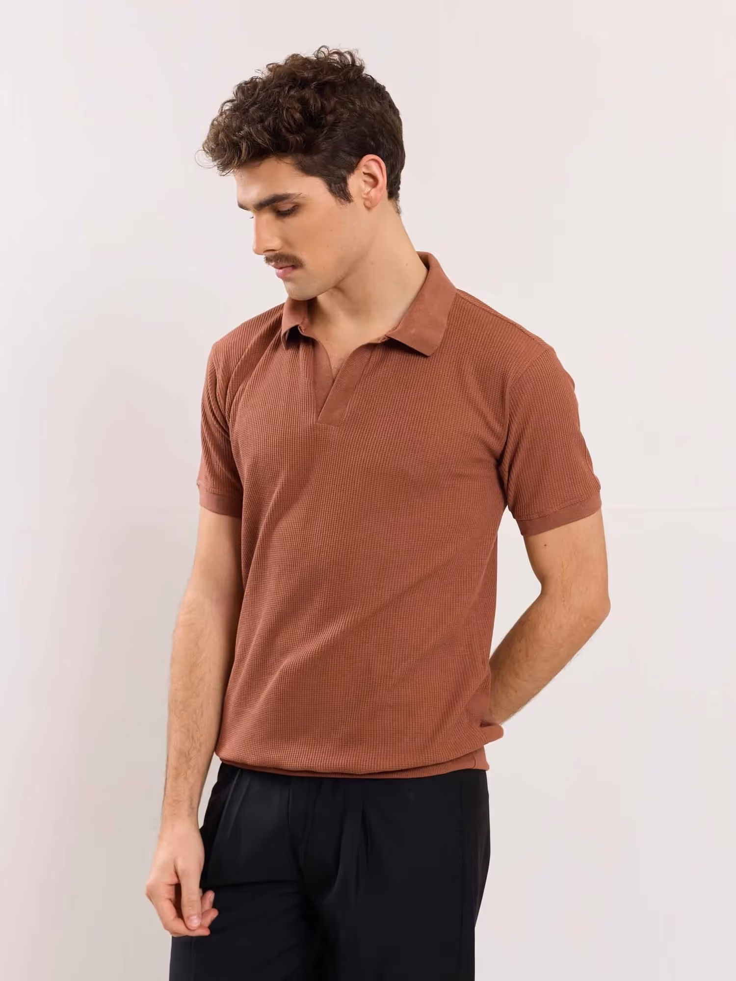Brown Waffle Knit Polo T-Shirt image 5