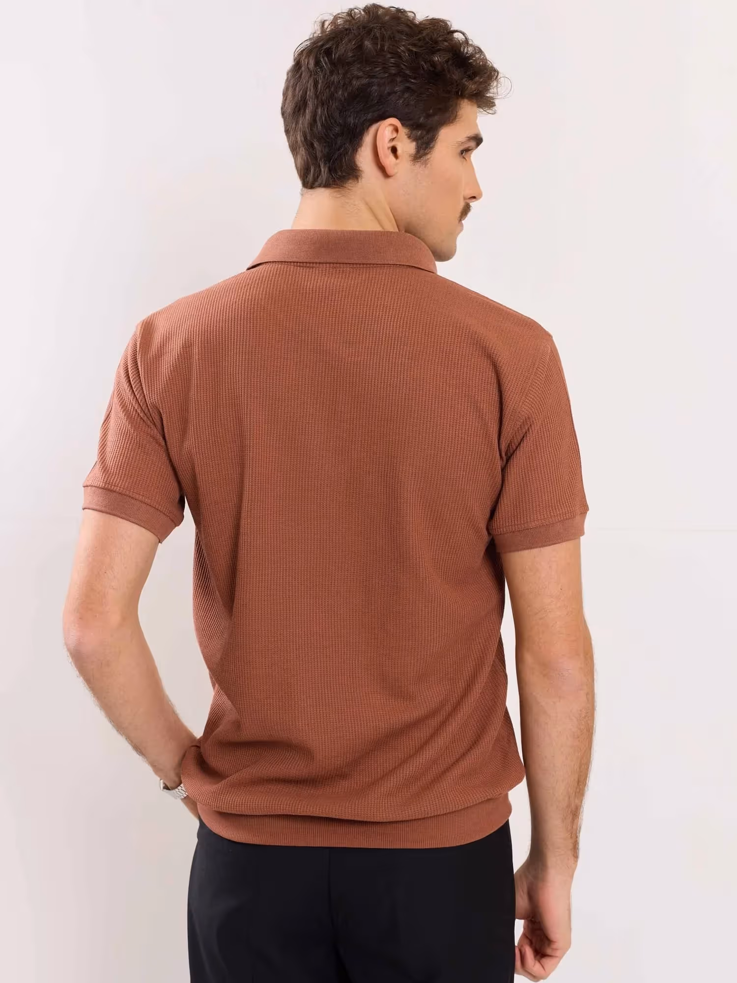 Brown Waffle Knit Polo T-Shirt image 6