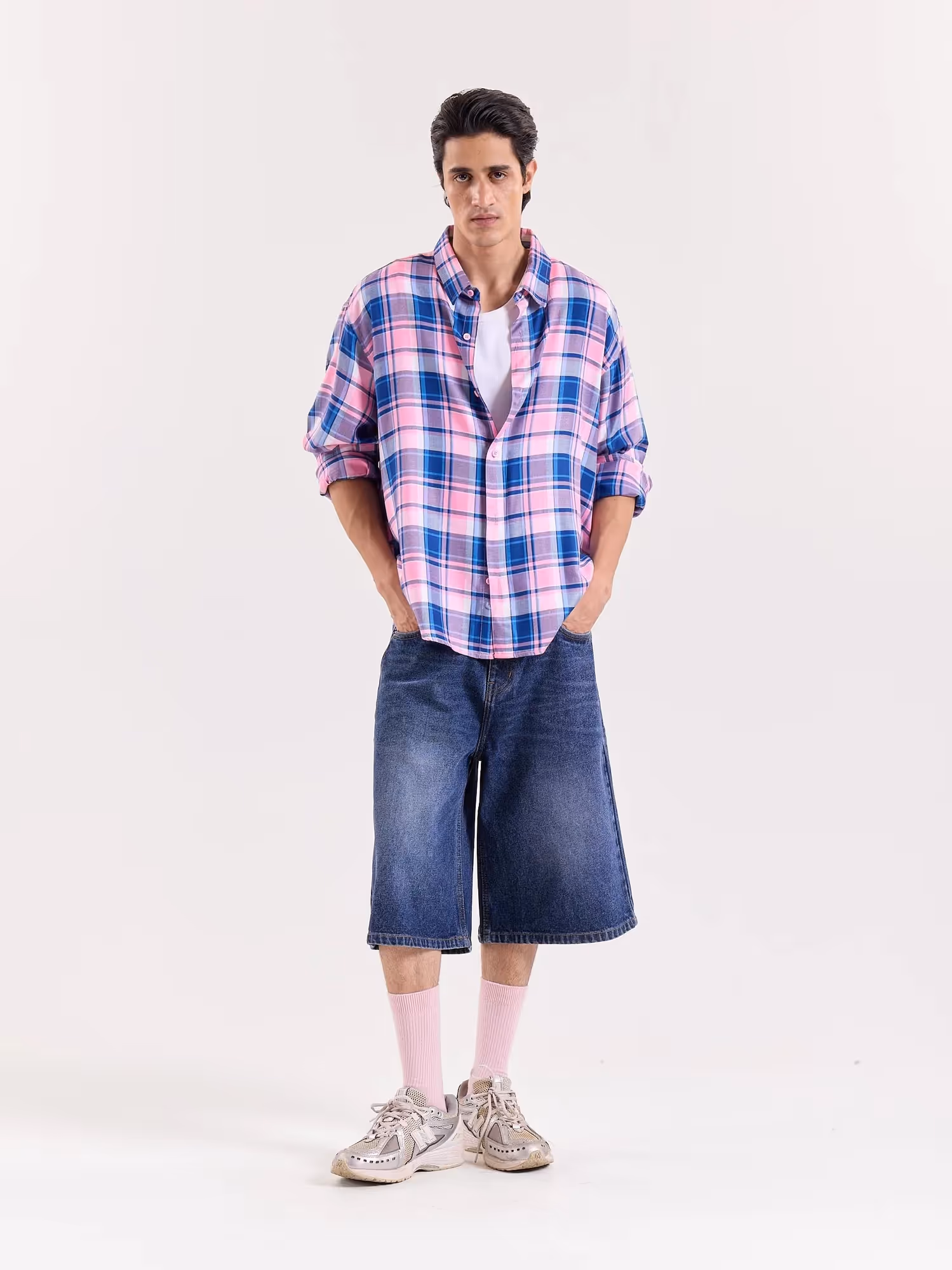 Bubblegum Pink & Blue Checkered Cropped Shirt image 1