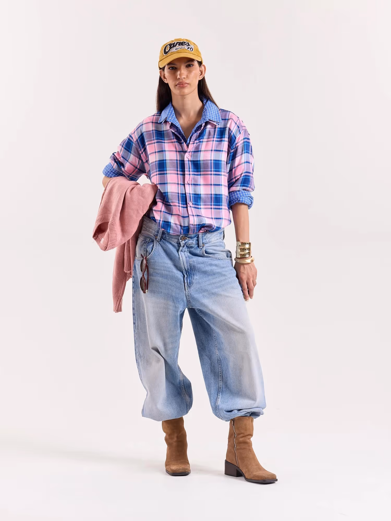 Bubblegum Pink & Blue Checkered Cropped Shirt image 2