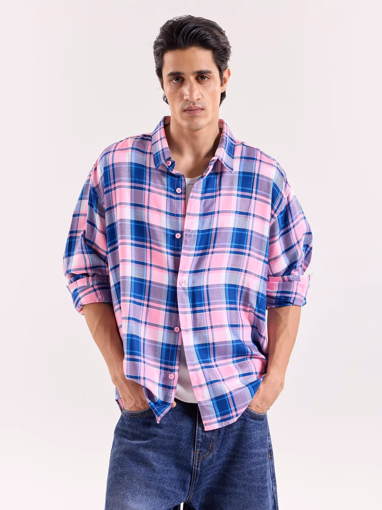 Bubblegum Pink & Blue Checkered Cropped Shirt image 3