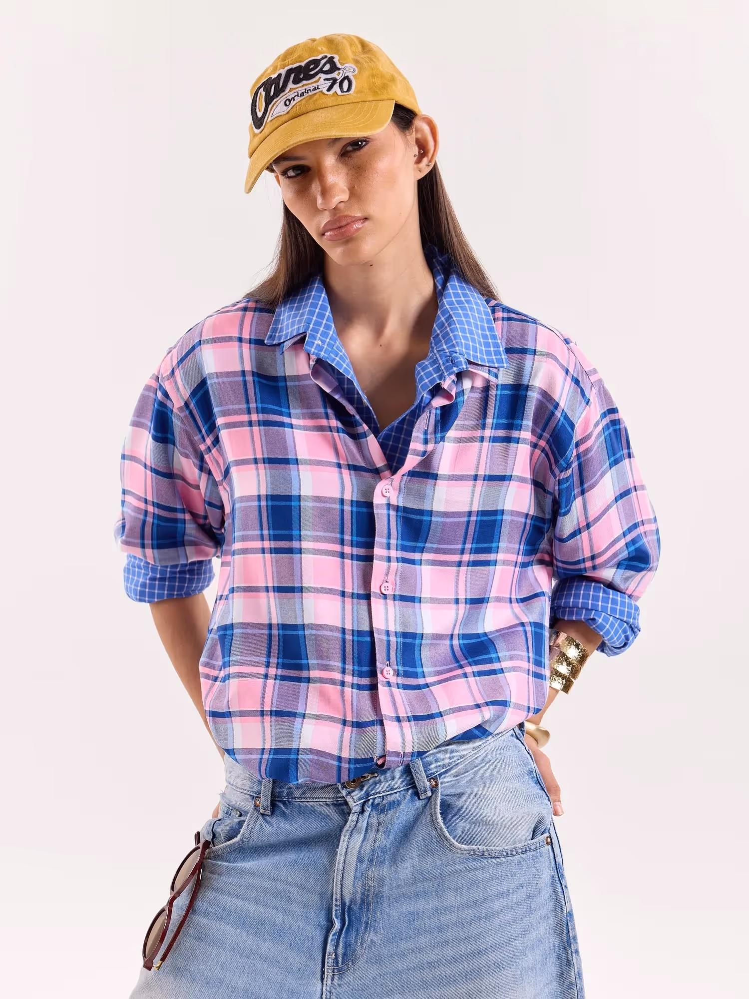 Bubblegum Pink & Blue Checkered Cropped Shirt image 4