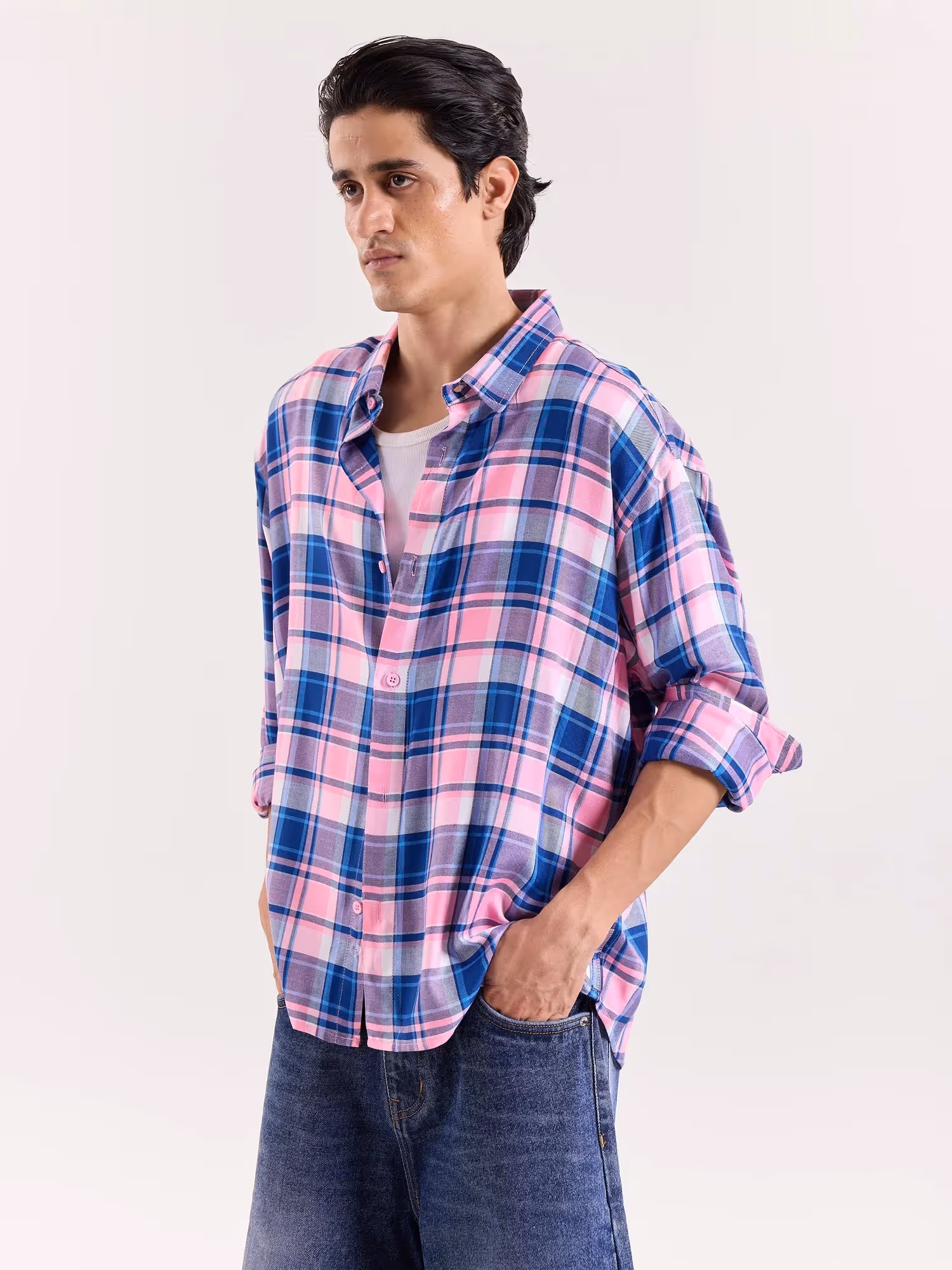 Bubblegum Pink & Blue Checkered Cropped Shirt image 5