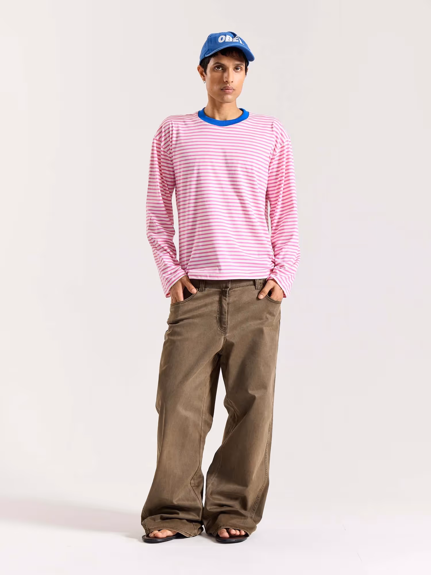 Bubblegum Pink Striped Loose Fit Cropped T-Shirt image 1