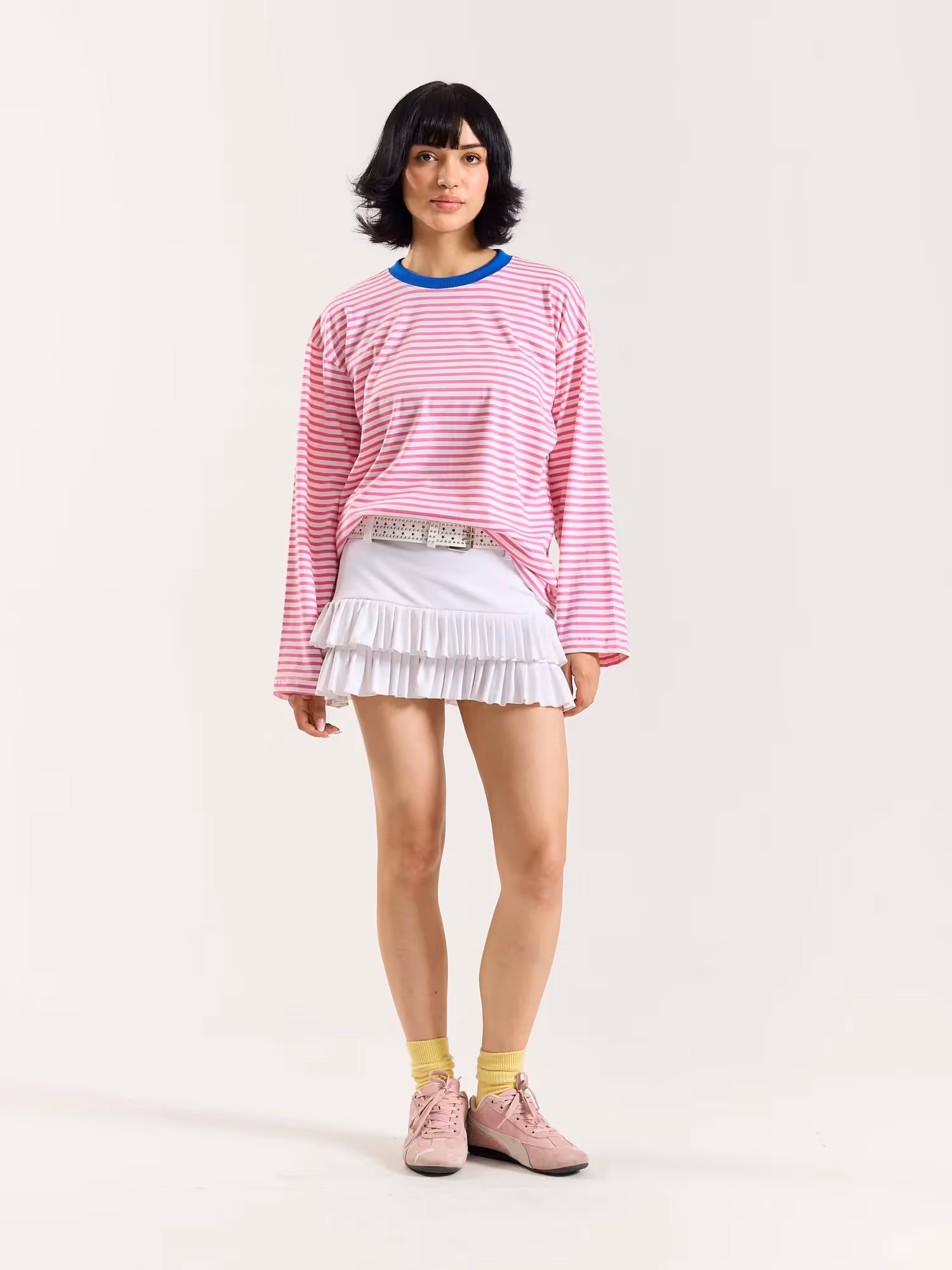 Bubblegum Pink Striped Loose Fit Cropped T-Shirt image 2